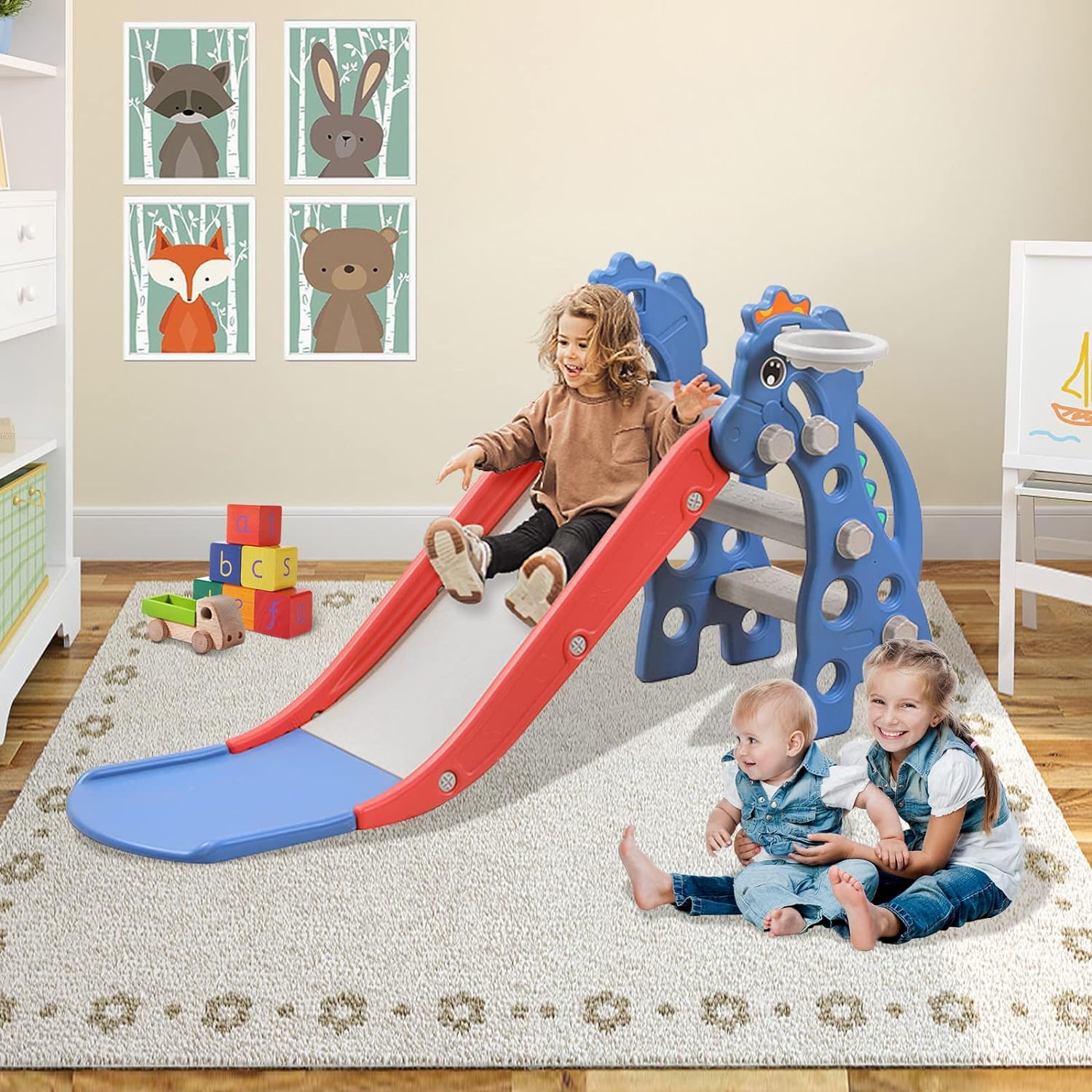 LARS360 Scivolo 3 in 1 per Bambini - Con Scala da Arrampicata e Cestino da Basket, Pieghevole, Parco Giochi Multifunzionale per Bambini 1-5 Anni, per Uso Interno ed Esterno