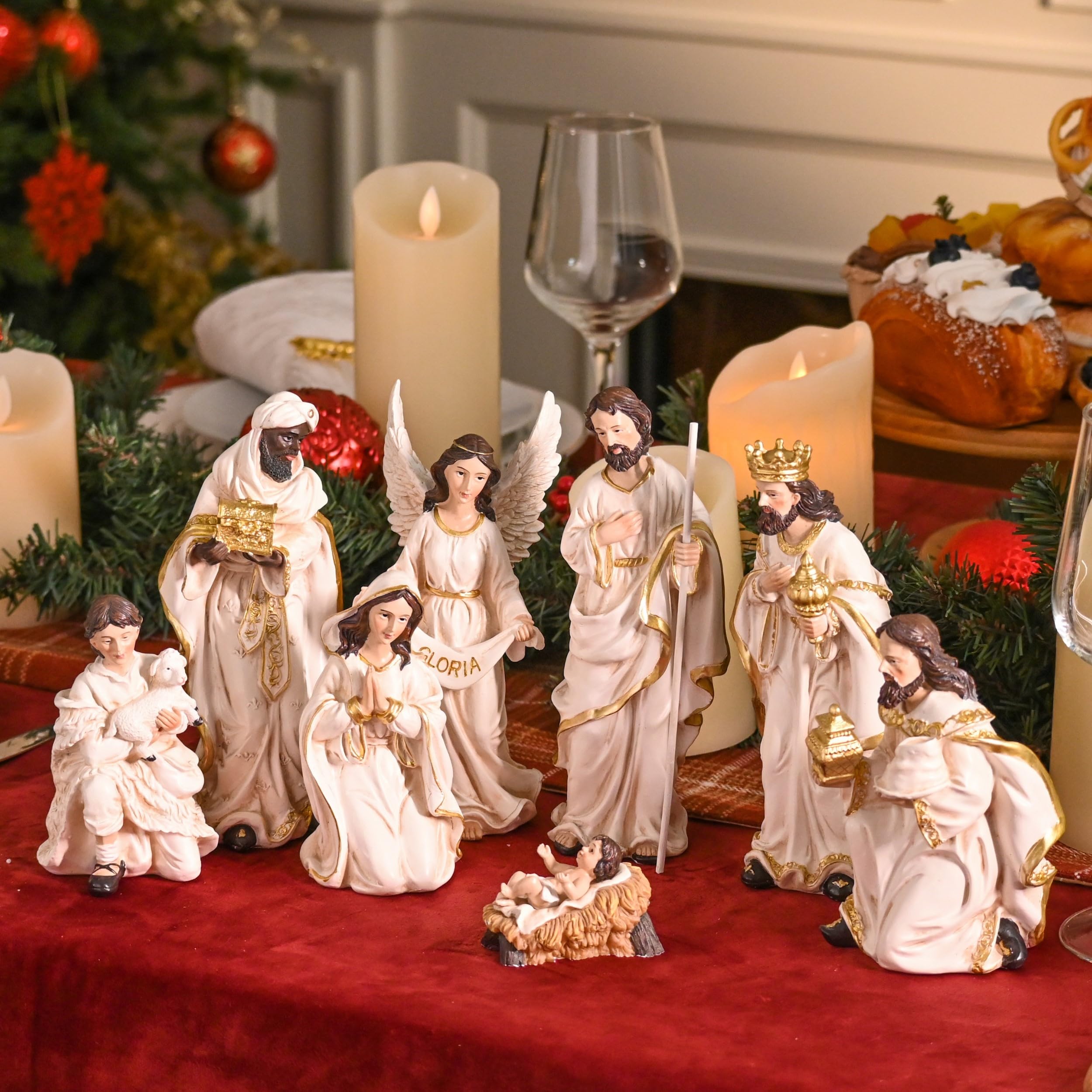 Valery Madelyn Christmas Nativity Set, 8 Piece Nativity Scene Sets & Figures Resin 8'' Holy Family, White Gold Christmas Jesus Religious for Holiday Indoor Xmas Gift Table Decorations