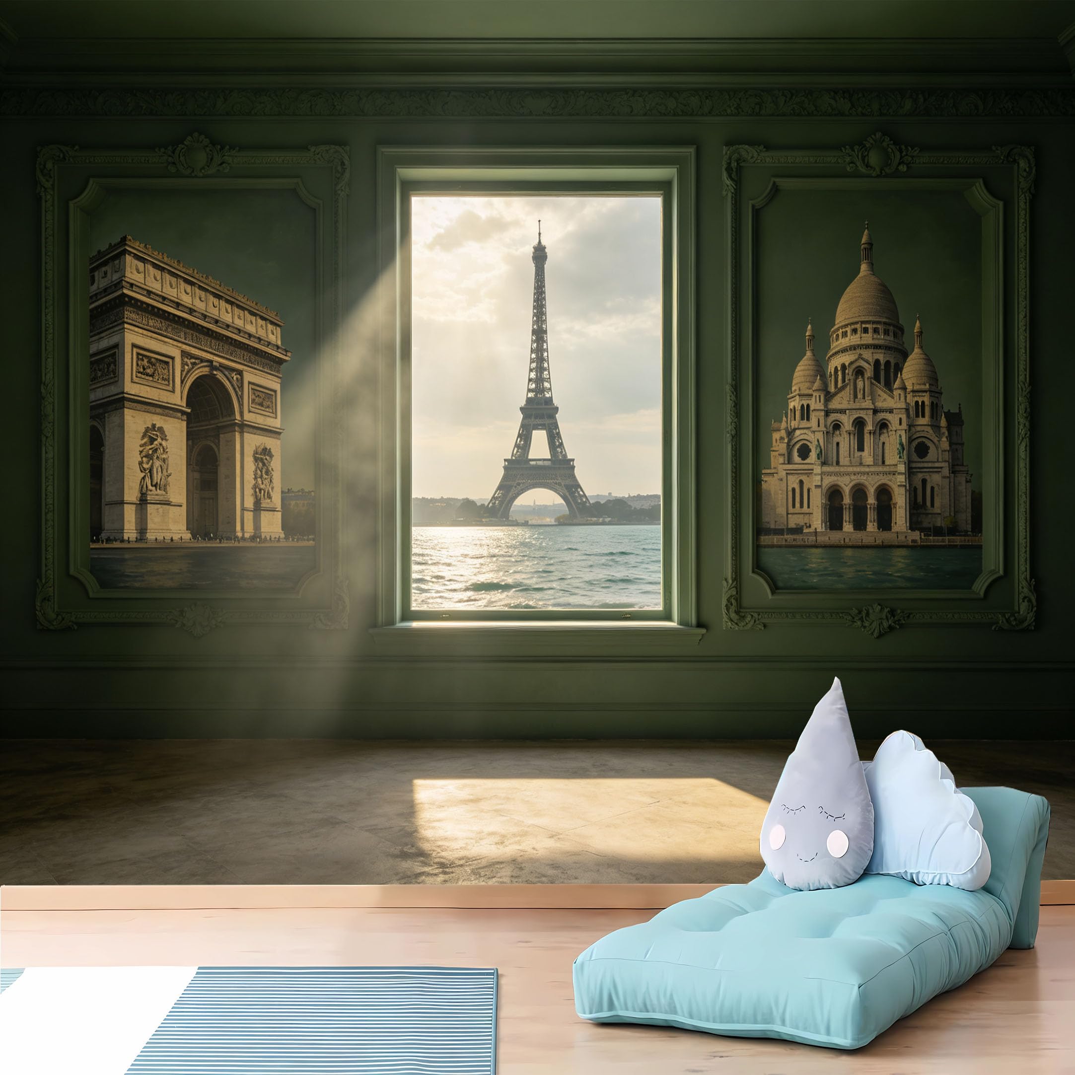 Custom Size Wall Murals,Paris Landmarks View from Green Window Wall Murals,Vivid,Full Wall,Self-Adhesive Removable Wallpaper for Living Room