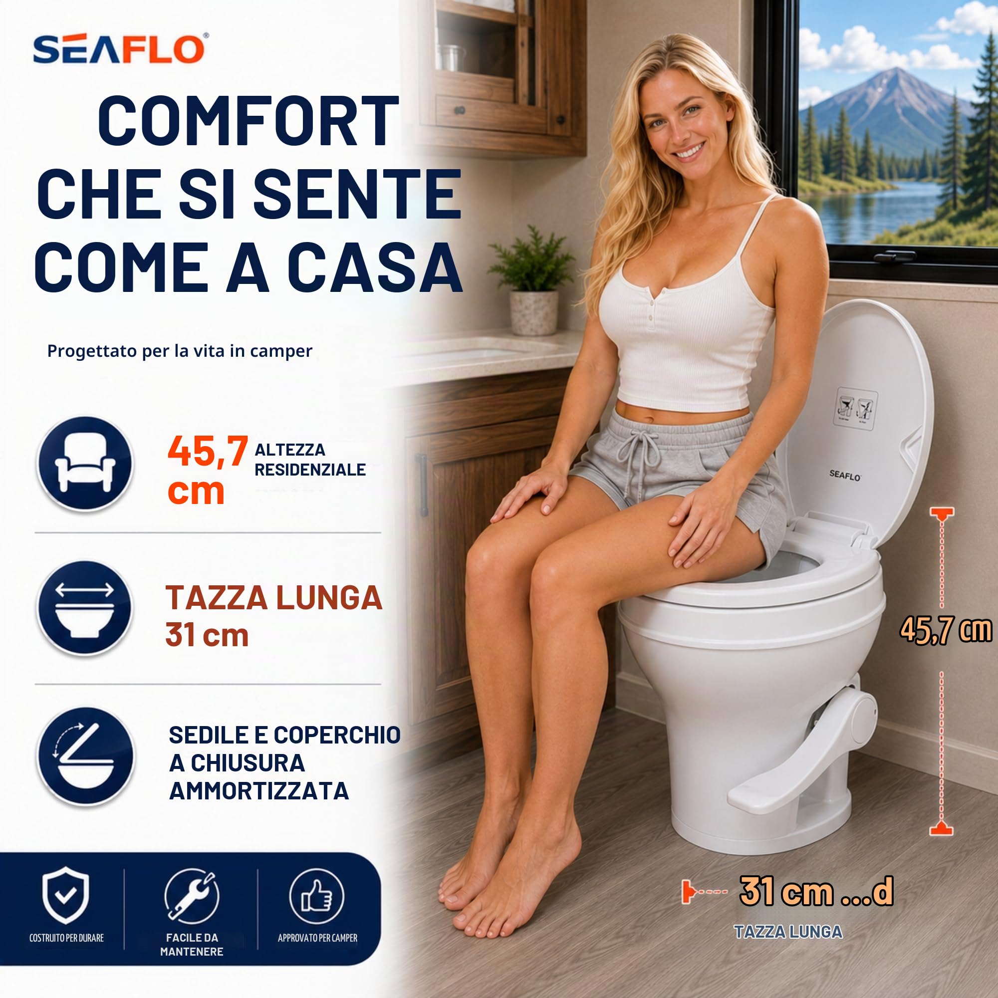 SEAFLO, WC per camper con altezza stile WC domestico da 46,7 cm, pedale con scarico a gravità, si adatta alla maggior parte dei camper (distanza di installazione di 24,1 cm), sedile con chiusura