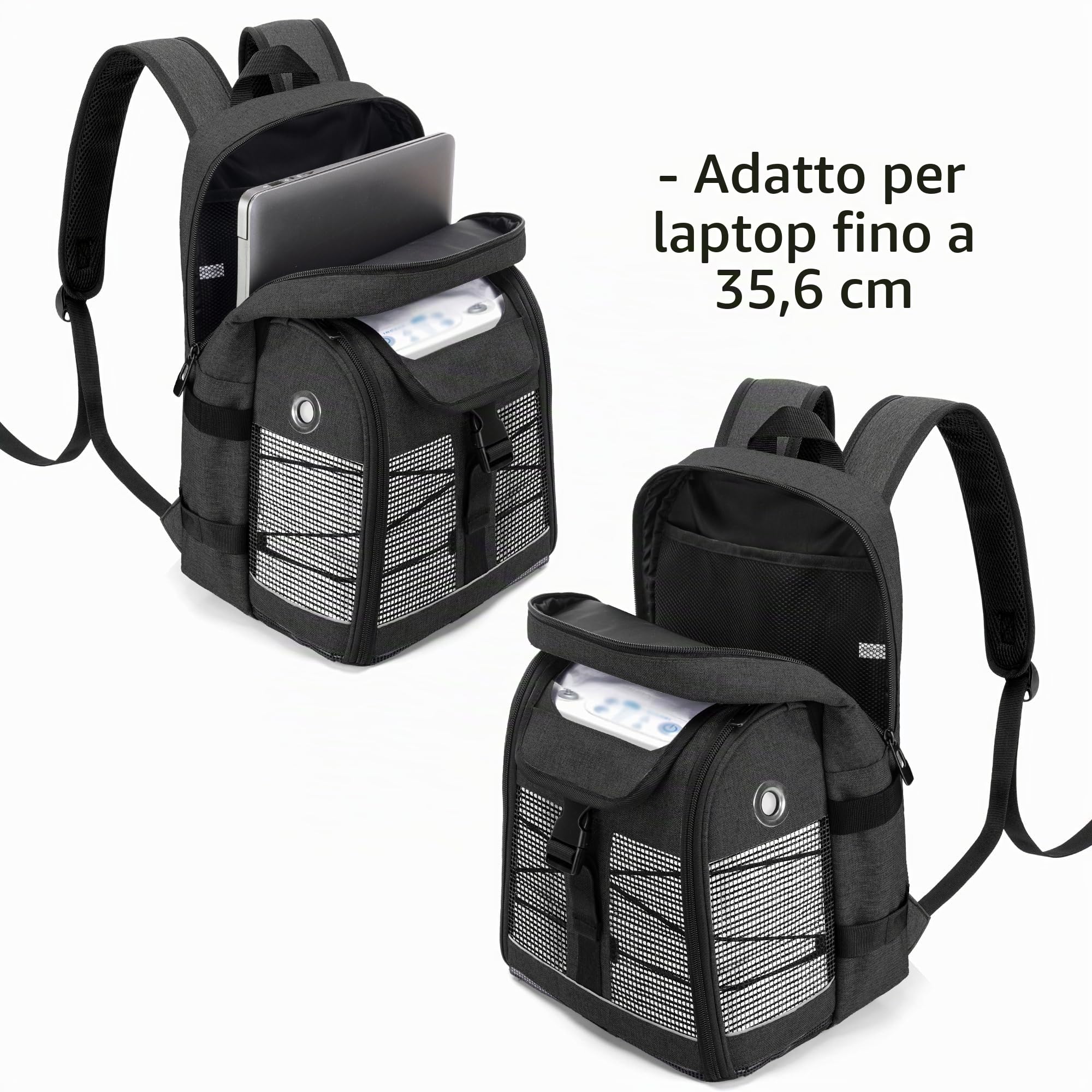 CURMIO Zaino portatile per concentratore di ossigeno, borsa da trasporto POC compatibile con unità Inogen, OxyGo e Caire, solo borsa, Nero (in Attesa di Brevetto) | Borsa per POC Universale, Rete Traspirante, Tasca per Borraccia, Compatibile con Inogen/ O