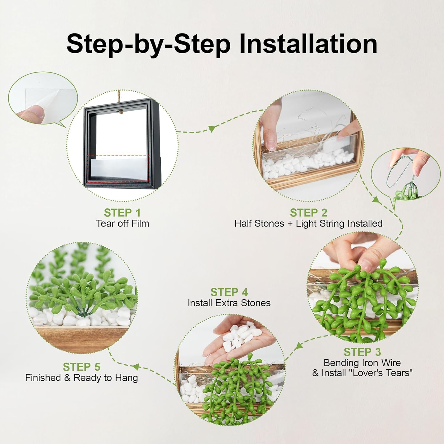 2 Pack Hanging Artificial Succulents Plants String of Tears - 7.8x7.8in Black Square Wooden Frame Vase with Stones & 2 LED Fairy Lights (On/Off Switch), Modern Decor for Indoor Outdoor Wall（Black)