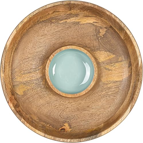 Miniatura 4 de Bloomingville Servidor redondo de madera de mango de 13.75 pulgadas con 2 secciones y centro esmaltado, Natural y Blue Lazy Susan