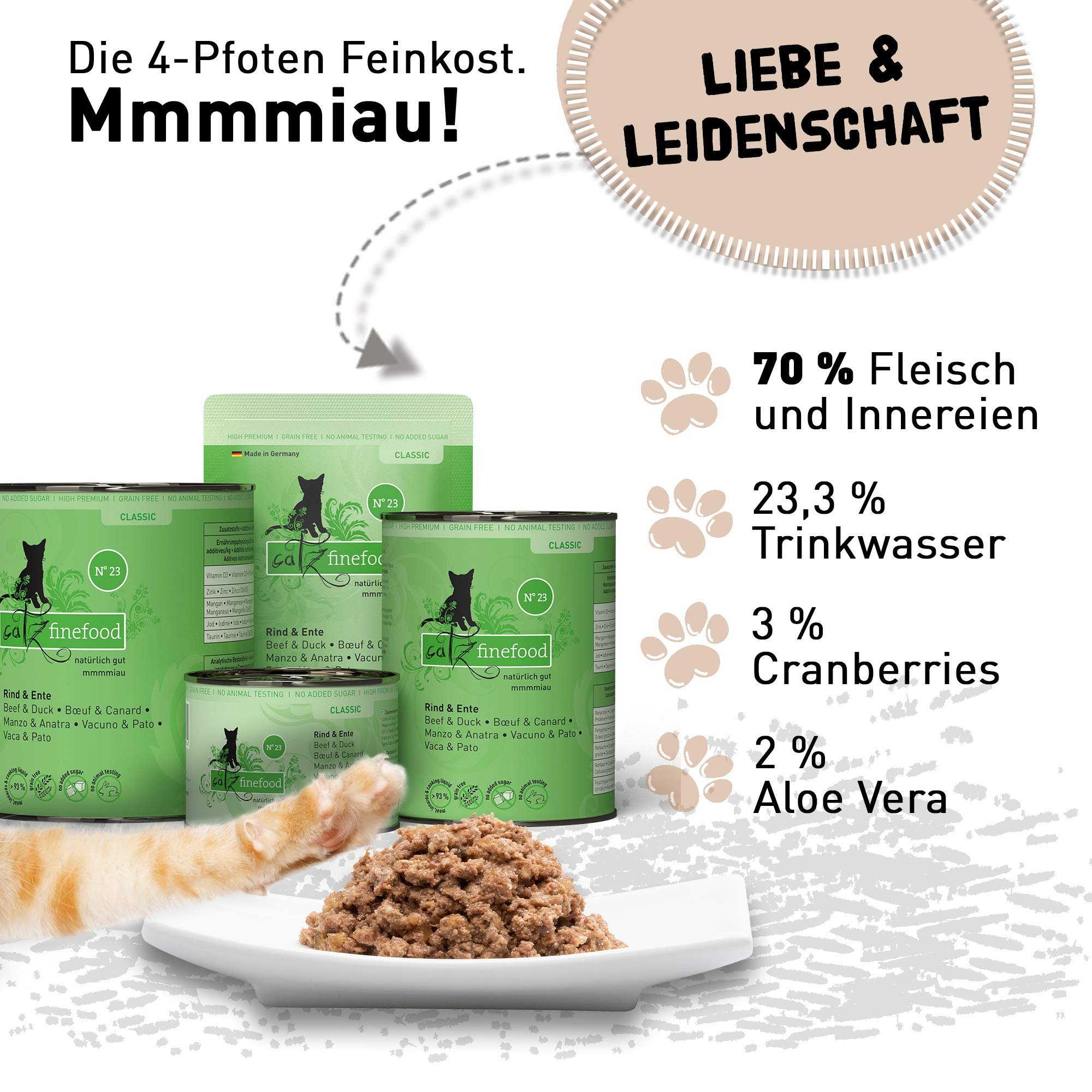 catz finefood N° 9 Wild Feinkost Katzenfutter nass, verfeinert mit Kartoffel & Preiselbeere, 6 x 800g & N° 23 Rind & Ente Feinkost Katzenfutter nass, verfeinert mit Cranberry & Aloe Vera, 6 x 800g
