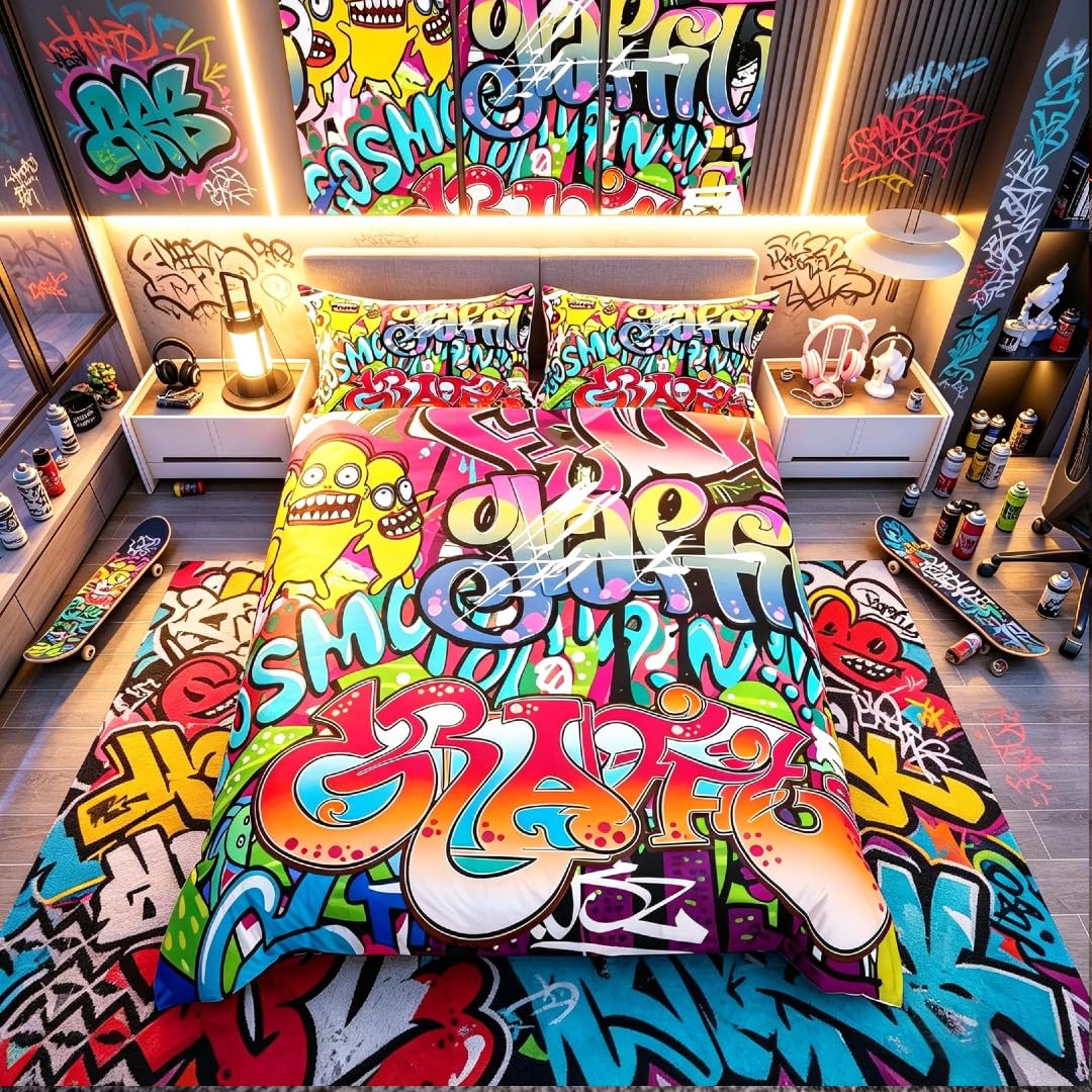 Homemissing Graffiti Pattern Bedding Set Hippie Style Graffiti Style For kids boys Street Culture Bedding & Linen Super King Room Decoration — image 1