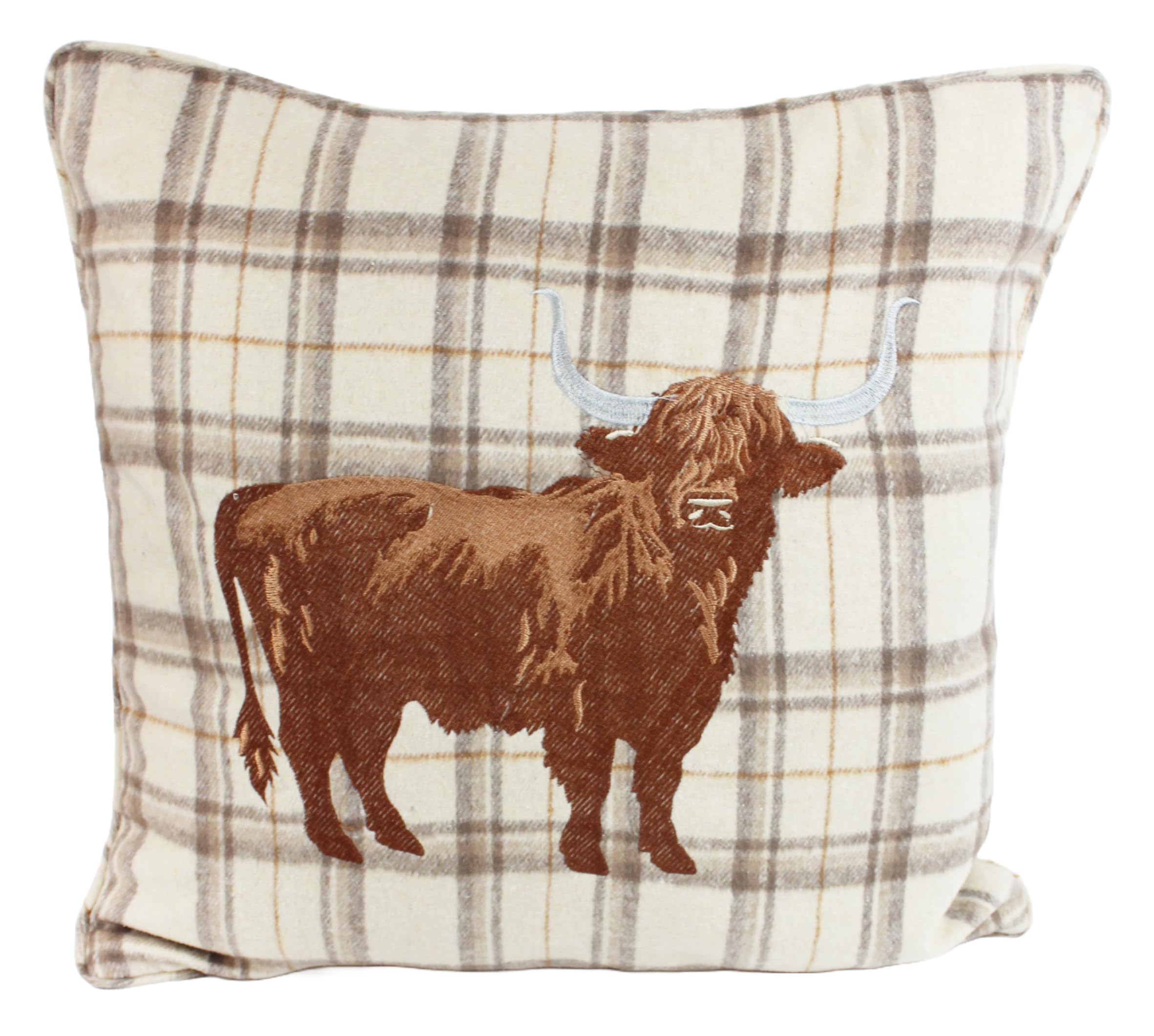 Peggy Wilkins Highland Cow Tartan Cushion Rustic Country Design – 45 x 45cm Polyester Decorative Throw Pillow with Zip Cover Farmhouse Home Decor