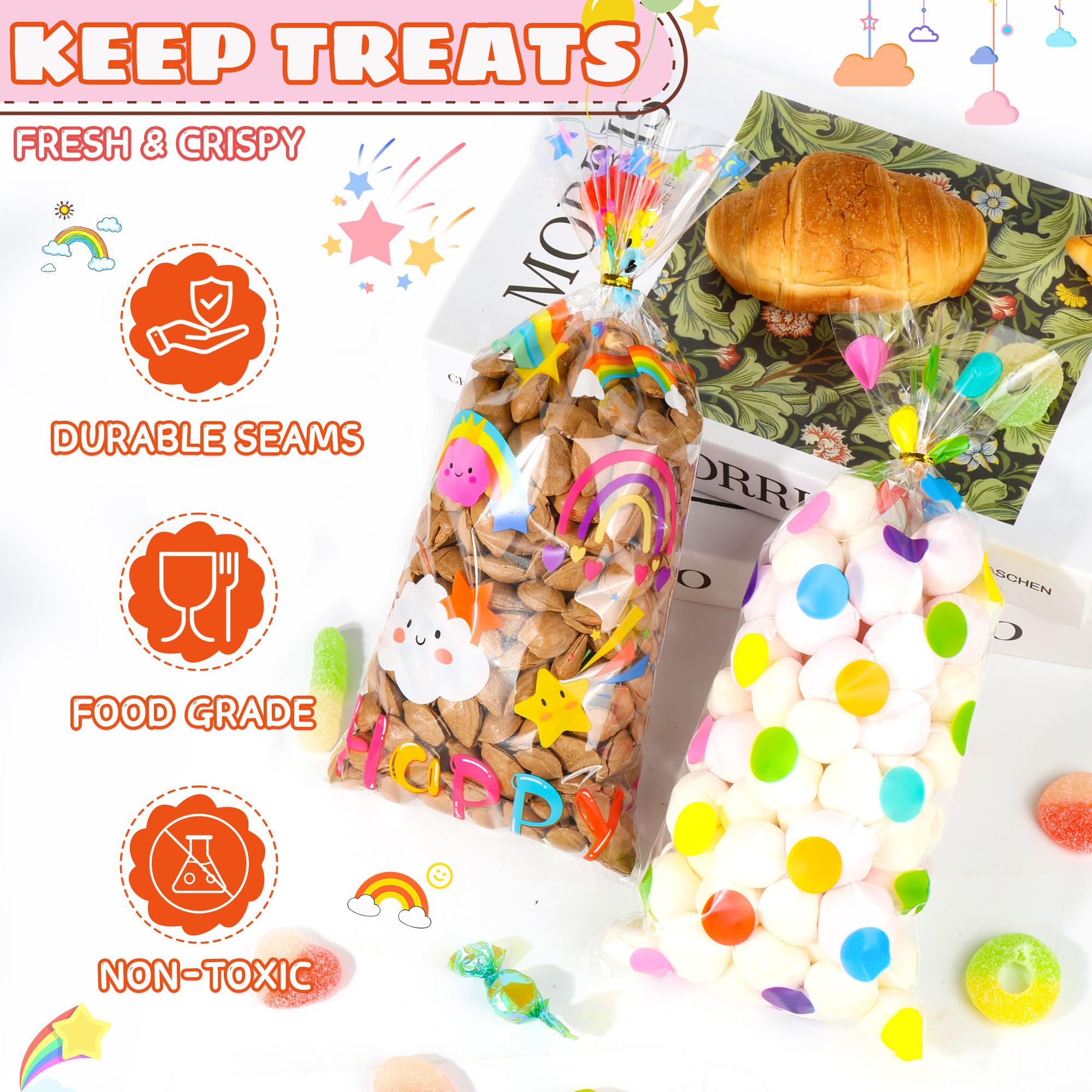50PCS Rainbow Cellophane Treat Bags: Clear Goodie Bags with 60 Twist Ties for Kids Birthday Party Favors Wrapping, Durable Clear Plastic Gift Bag for Candy Cookies Treat Classroom Return Gifts