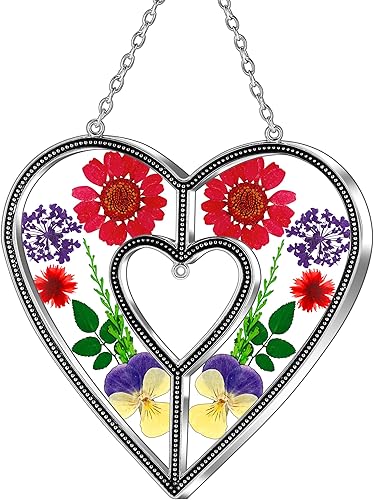 Ky&Bosam - Atrapaluz de cristal, ventana en forma de corazón, con flor prensada, diseño de corazón "Mom", regalo para el Día de la Madre, Navidad,