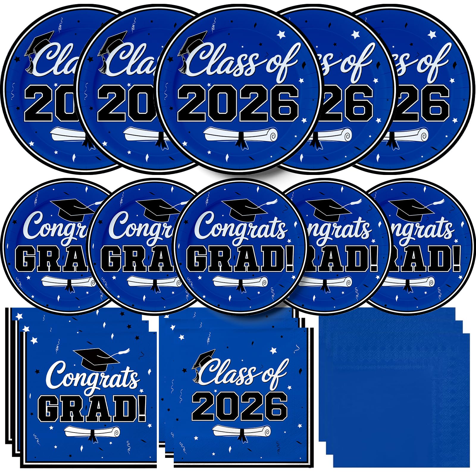Photo 1 of Cutechunfa 200pcs 2026 Graduation Plates and Napkins Set with Decorations Kit (Blue), for College High School Grad Party Decorations, Serve 50", Graduation Party Supplies