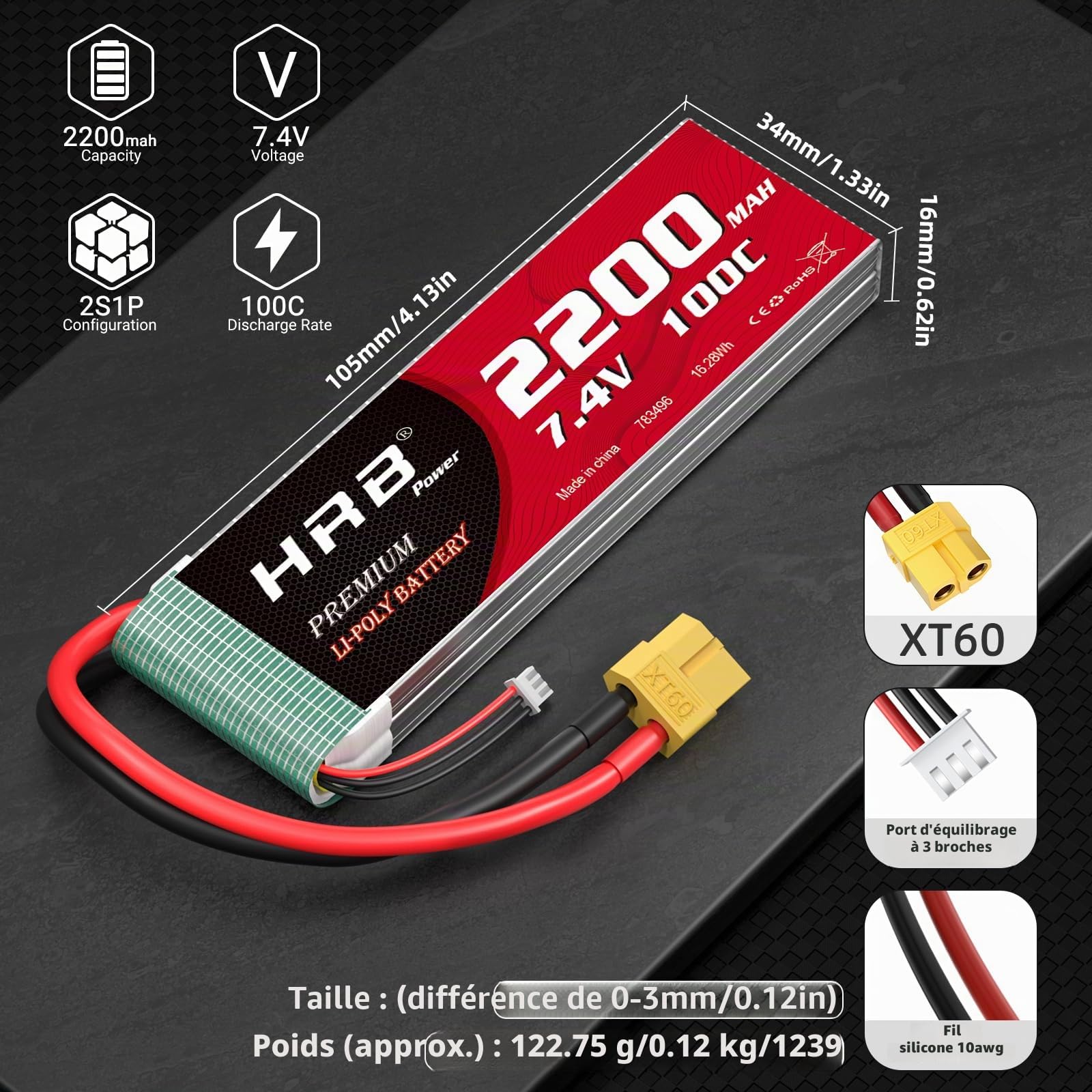 HRB 2pc 2200mAh 7.4V 2S 100C LiPo Battery Pack with XT60 Plug Compatible with Rc Traxxas 1/16 E-Revo VXL Summit Slash Losi 1/14 Mini 8ight and Rc Cars