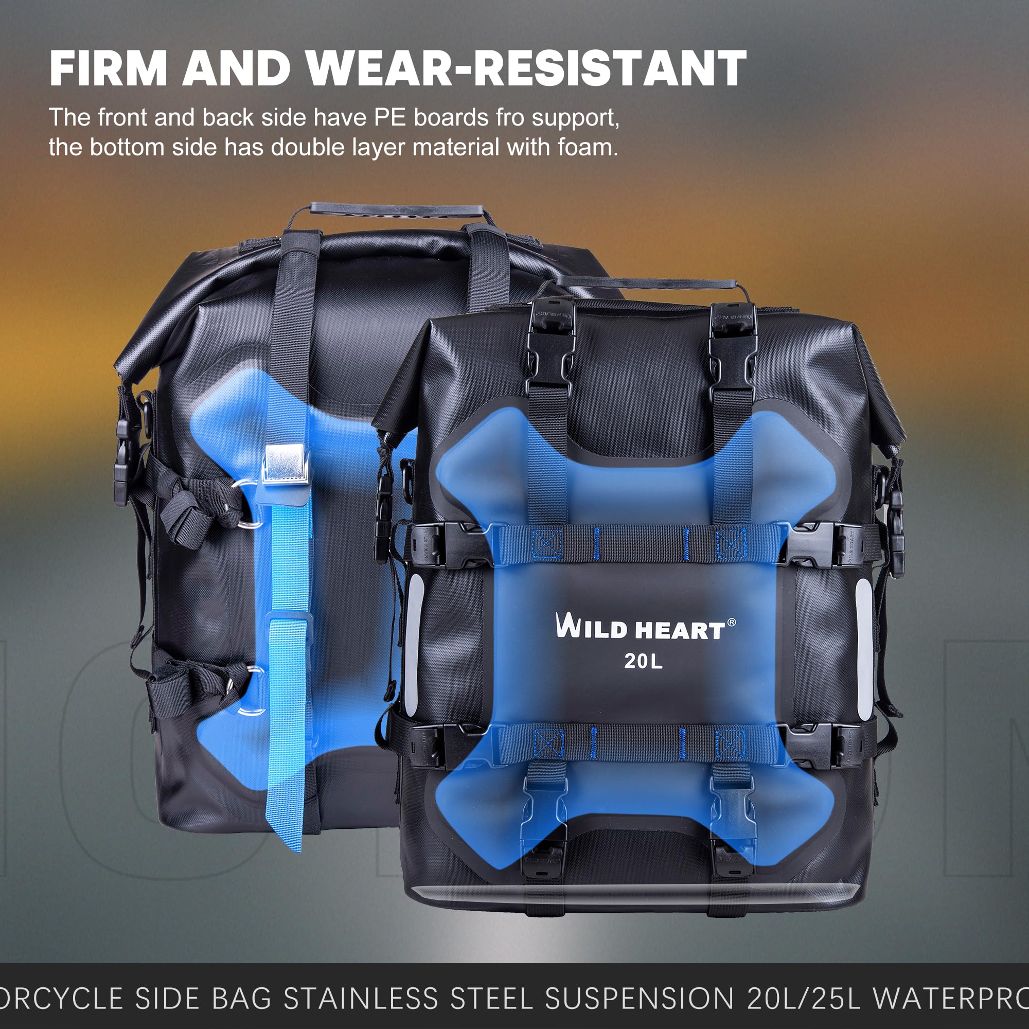 Sacoche Moto Wild Heart 25L - Étanche IPX6 - Suspension Acier Inox - Pour Cadre Moto - Noir