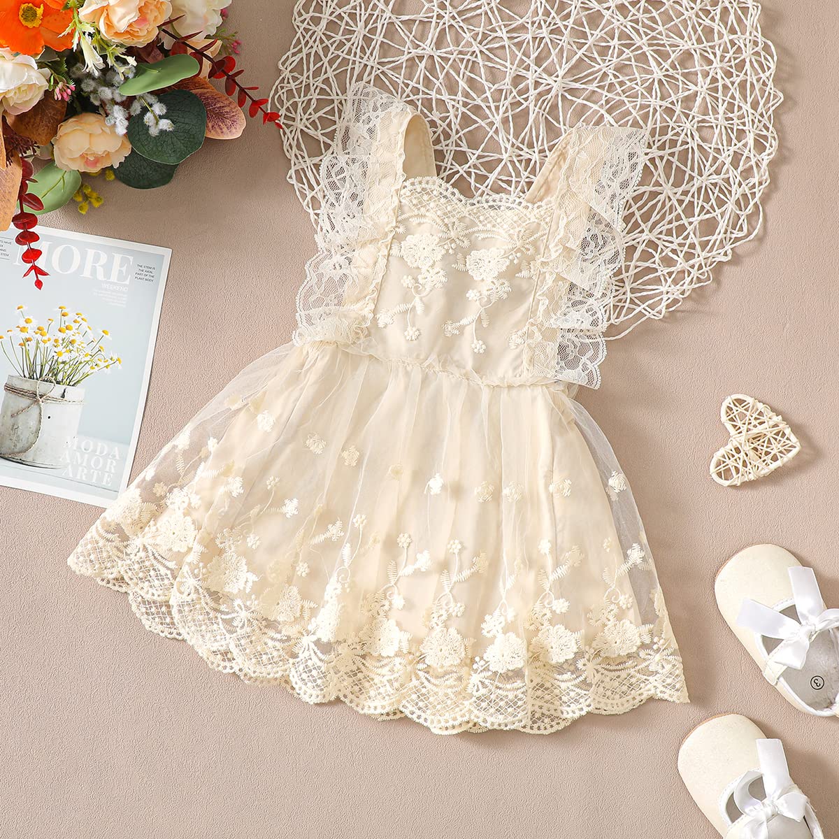 IDOPIP Baby Girls Boho Floral Lace Tutu Dress Toddler Ruffle Backless Wedding Princess Birthday Party Dresses Summer Boho Sundress Playwear Outfit for Cake Smash Photo Prop Beige 6-12 Months