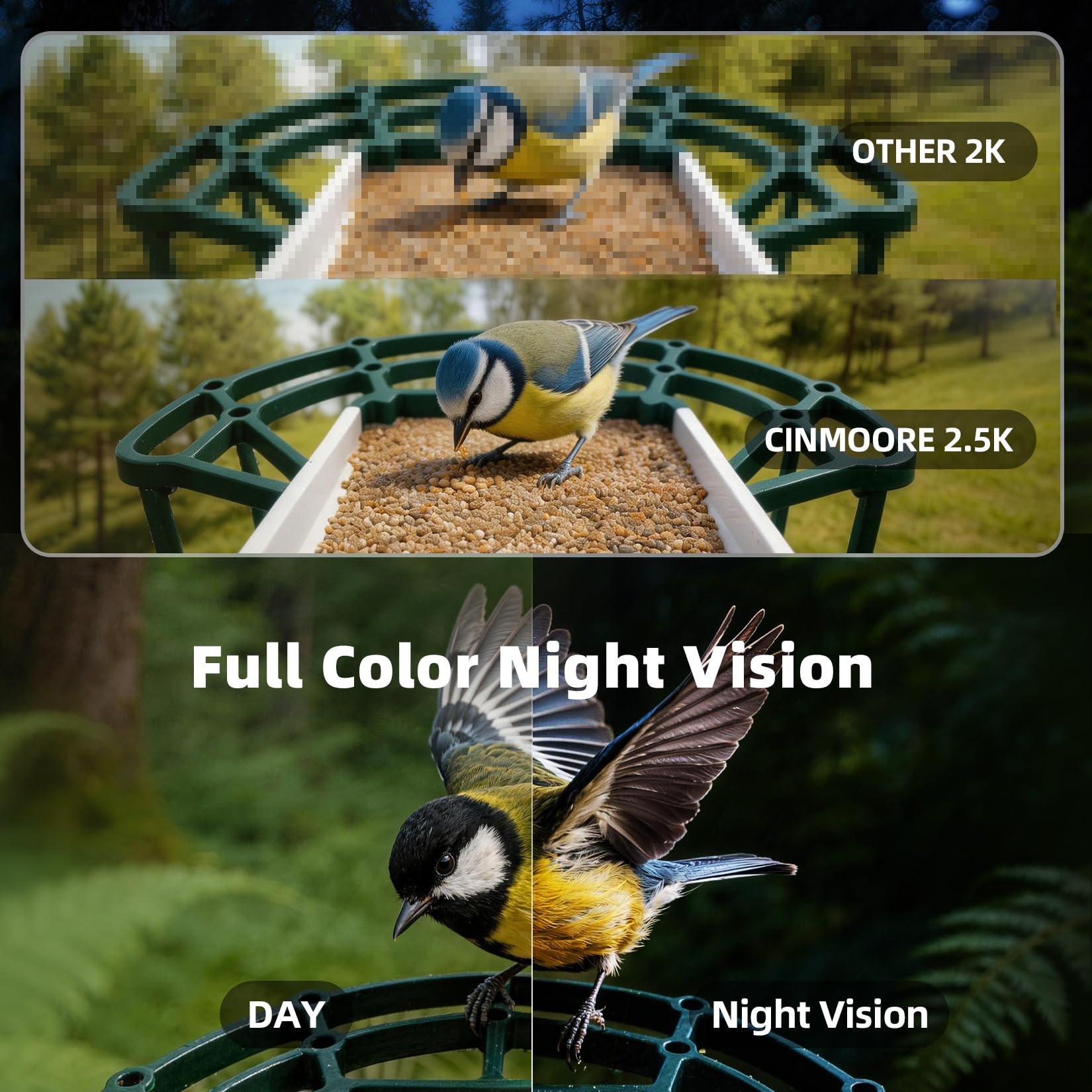 Vogelfutterstation mit Kamera, solarbetrieben, 4 MP 2,5 K Smart Outdoor Vogelhaus Cam, kostenlose KI-Vogelarten-Identifikation, Live-Ansicht & Wiedergabe, sofortige Benachrichtigungen