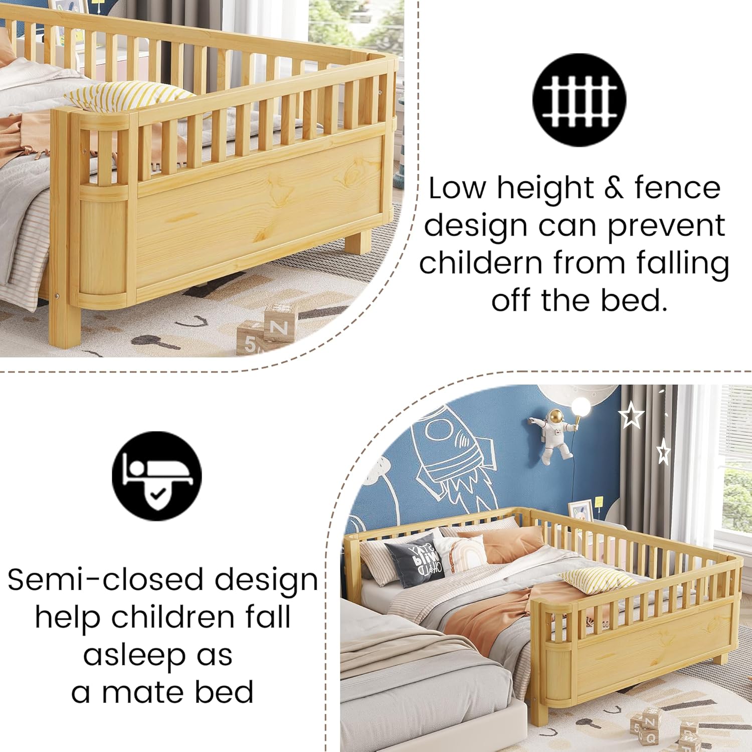 Mirightone Full Size Bed Frame Kids with Guardrails, Wood Montessori Bed Full with Slats Support, Modern Low to Ground with Removable Bed Rails for Girls Boys Bedroom Living Room, Natural
