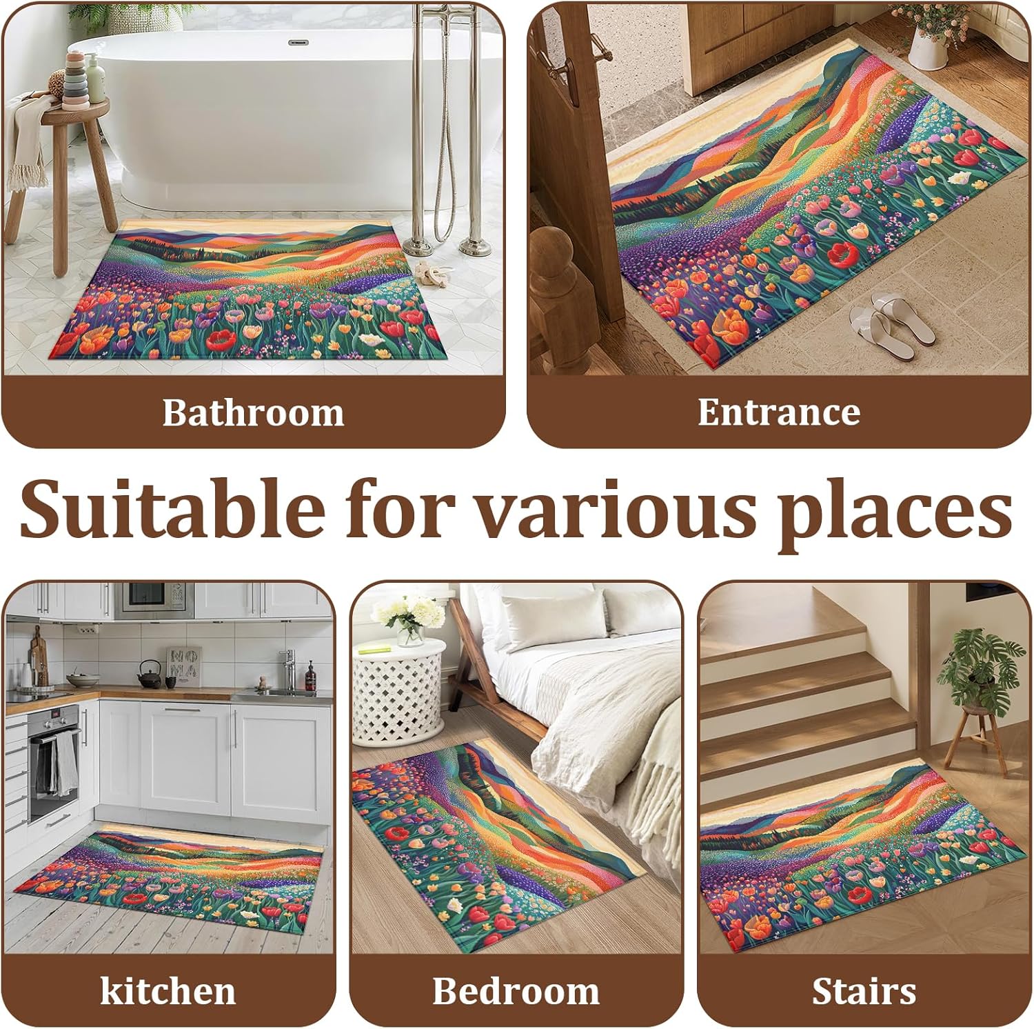 Boho Mountian Wildflowers Floral Door Mat Entrance Doormat Home Floor Mat Rugs for Entryway Outdoor Indoor Kitchen Bathroom Decor 17x29 inch