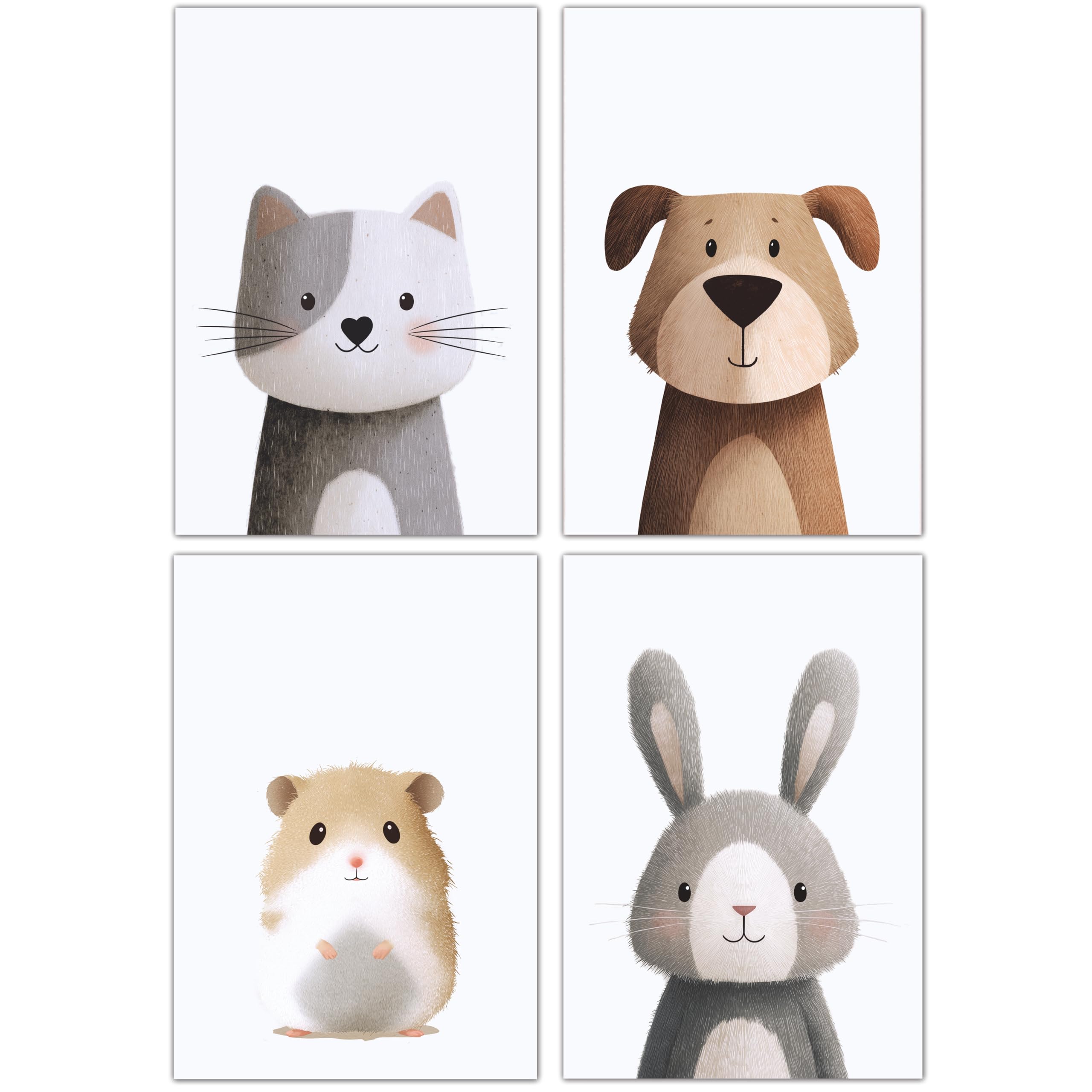 PACKLIST® Décoration Chambre Bébé – Posters Animaux (Chat, Chien, Hamster, Lapin) DIN A4 (21x30cm), 250 g/m², sans cadre. Impressions d'art parfaites pour garçons et filles