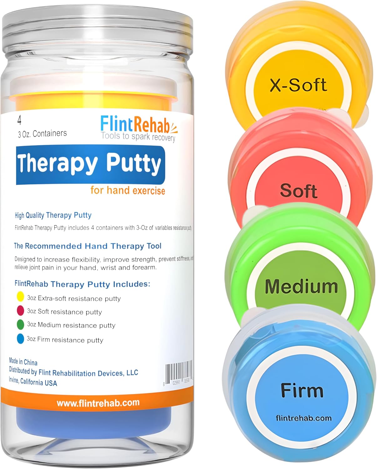 FlintRehab Therapy Putty for Kids & Adults (4 Pack, 3 Oz Each) - Putty for Hand Therapy, Fidgeting & Stress Relief - Non-Toxic Resistive Exercise Putty to Improve hand strength - Set of 4 Strengths