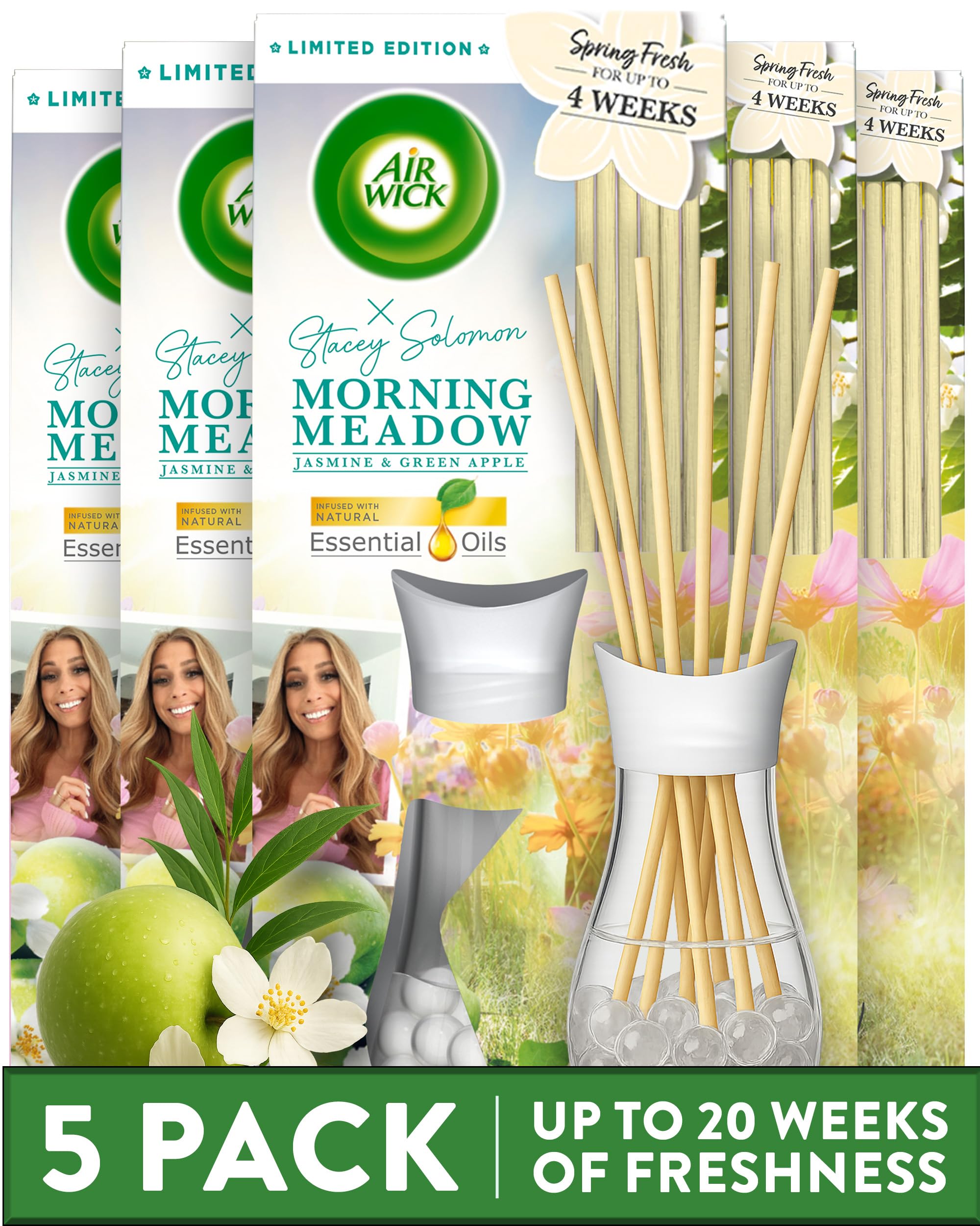 Air Wick Stacey Solomon Morning Meadow Essential Oils Reeds Diffuser 25ml Lasts up to 4 weeks Air Freshener (Pack of 5)