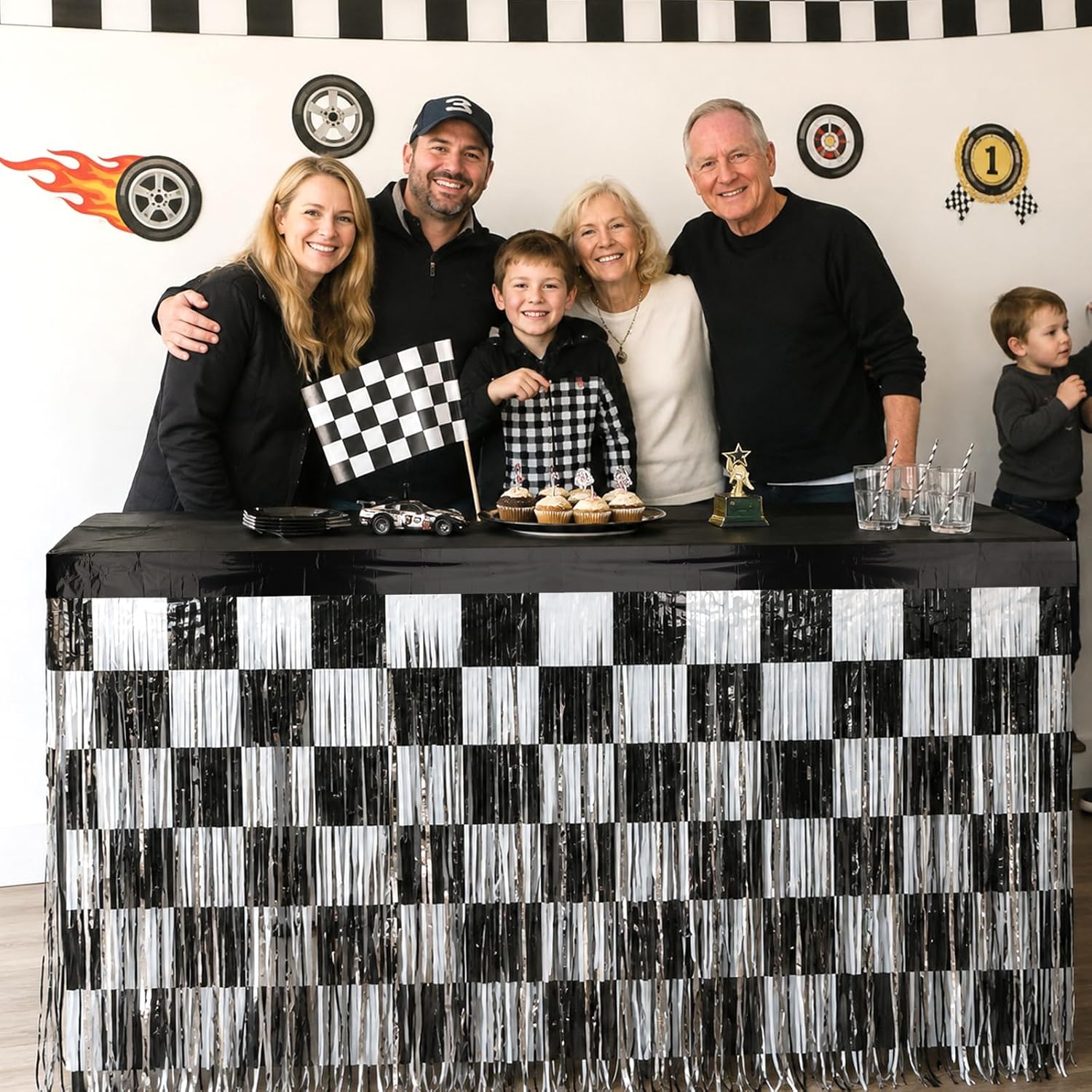 Gosknor Race Car Table Skirt, Foil Fringe Checkered Flag Tablecloths