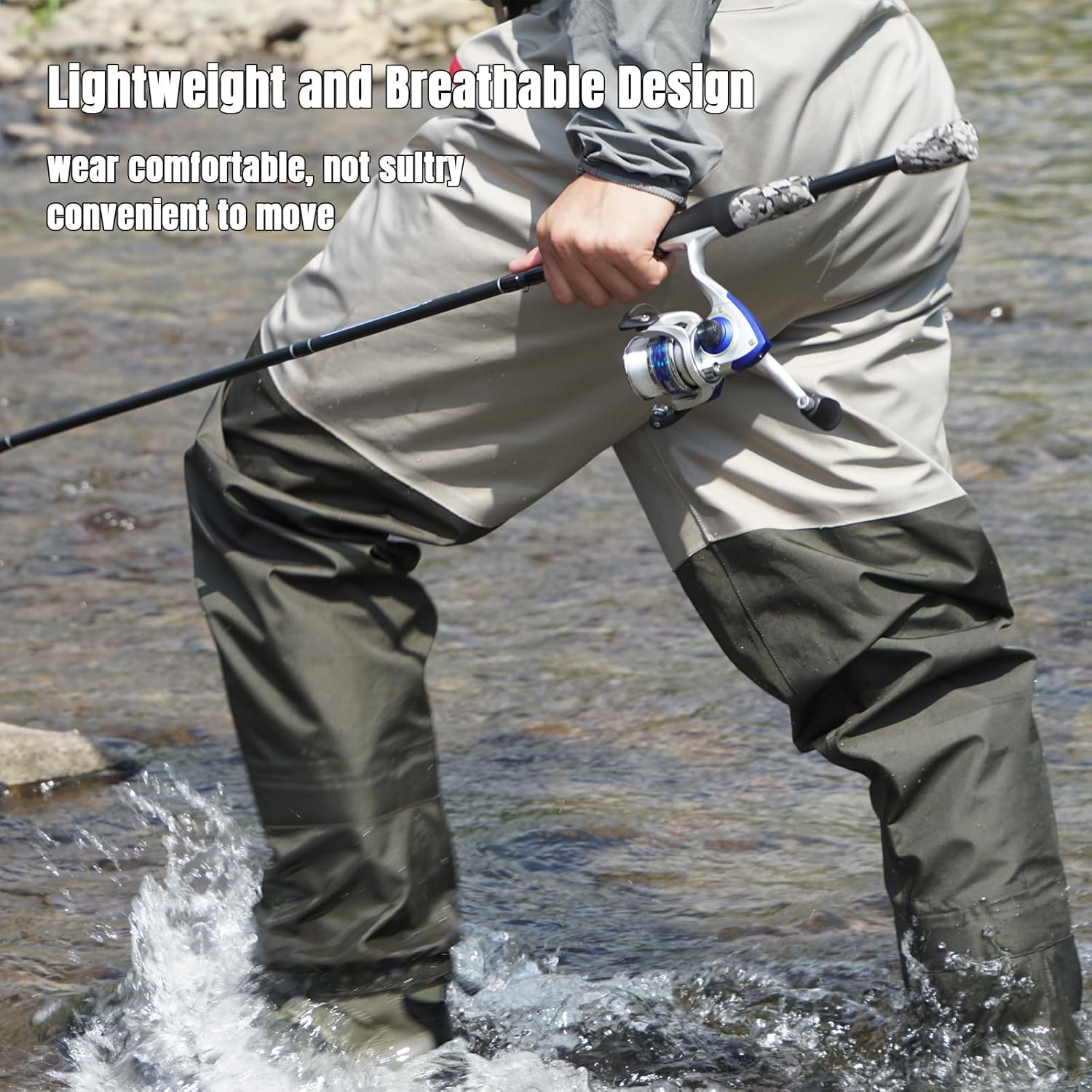 Waist Chest Waders, 3 Ply Breathable Waterproof Waist Wading Pants with Pockets and Stocking Boots - Image 5