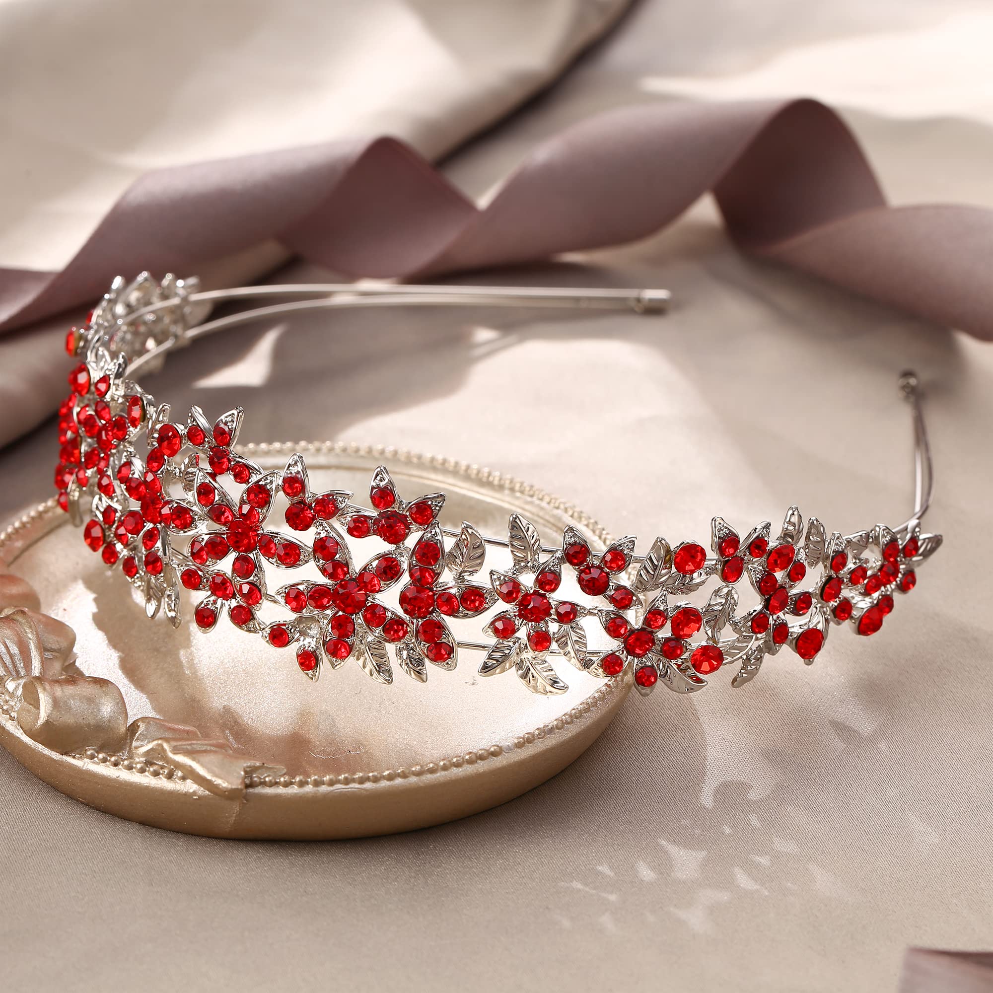 EVER FAITH Tocados de Boda de Cristal Austriaco para el Cabello, Diadema de Novia con Racimo de Flores para Rojo Tono Plateado