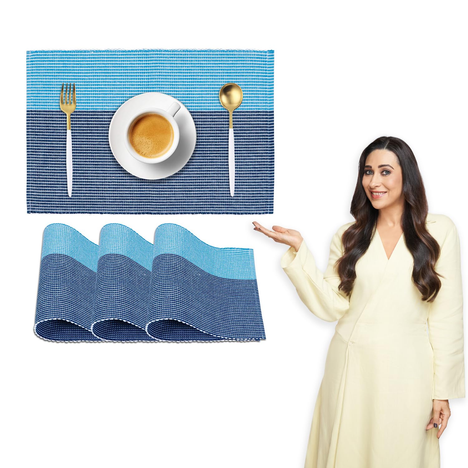 HOKIPO Blue Ribbed Placemats & Table Runner -19