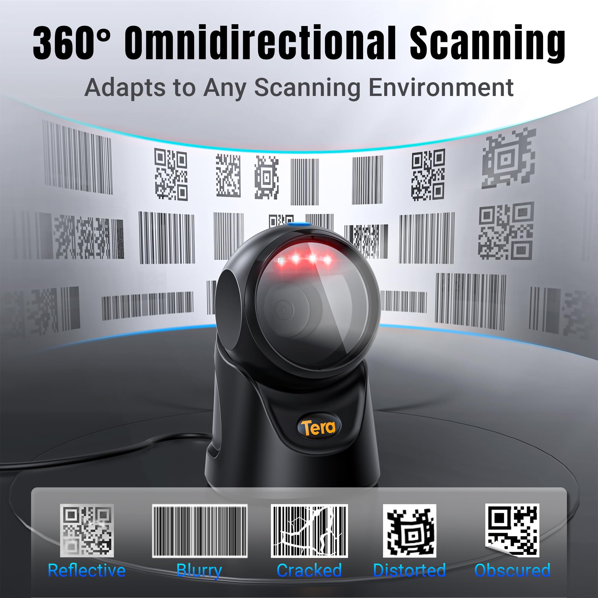 Tera Barcode Scanner Omnidirektional 1D 2D QR Code Desktop-Lesegerät USB Kabelgebunden Verstellbarer Winkel 9700
