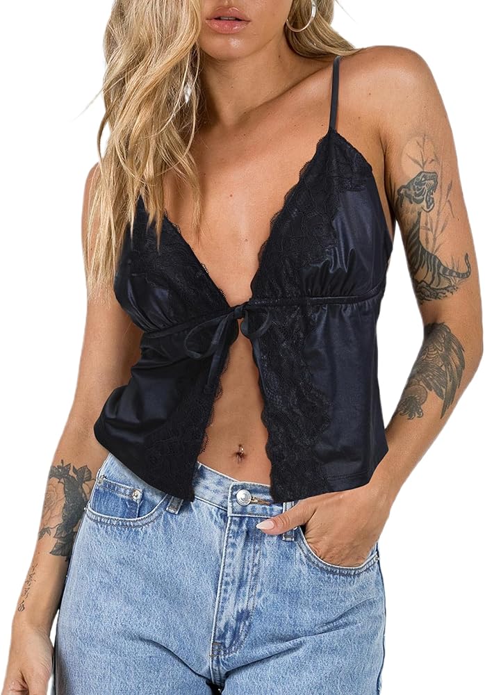 AGECODE Women's Sexy Tie Front Lace Trim Silk Satin Camisole Crop