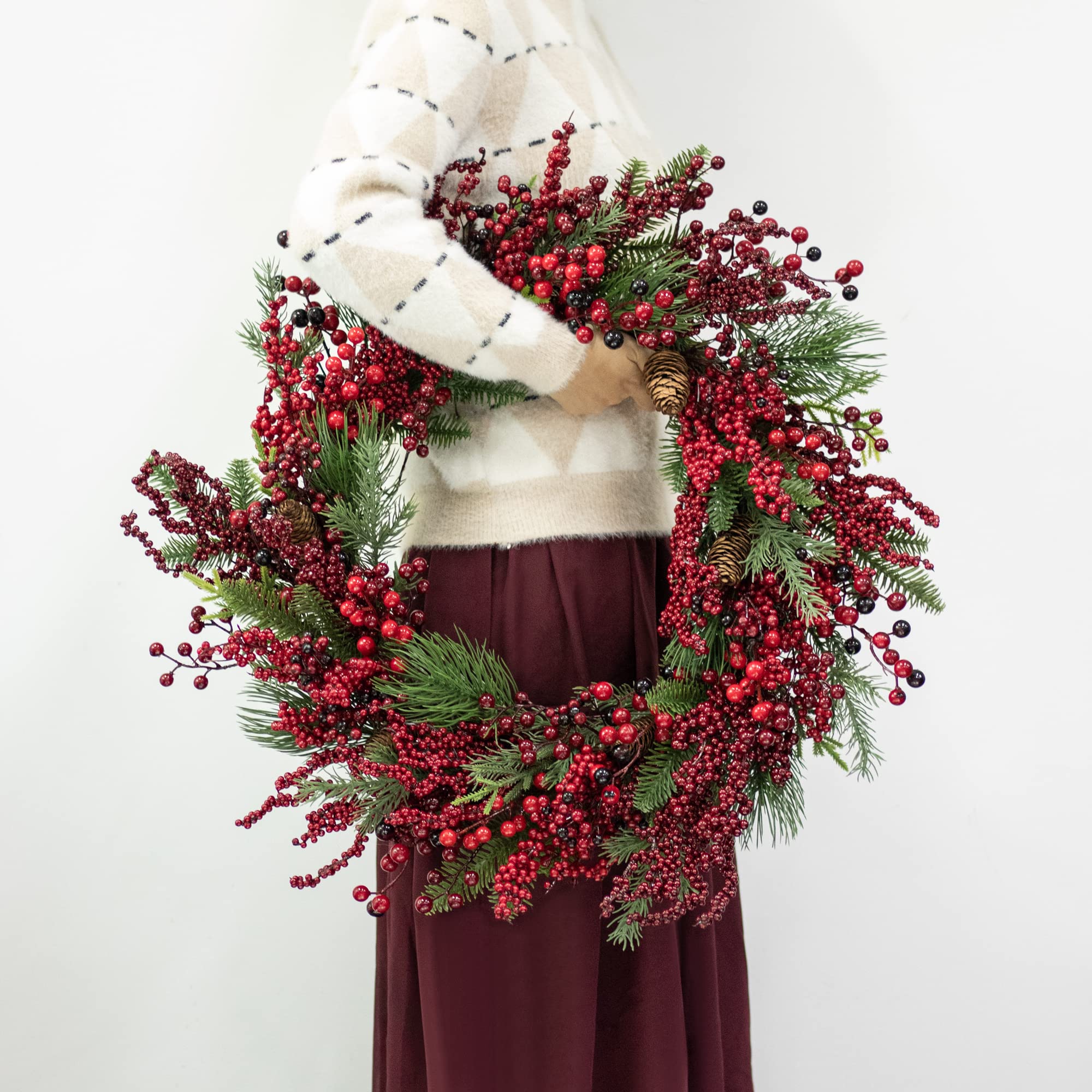 KI Store Beeren türkranz Weihnachten beleuchtet groß 65cm rot beerenkranze Licht weihnachtskranz haustür mit Beleuchtung für weihnachtsdeko, stechpalme deko