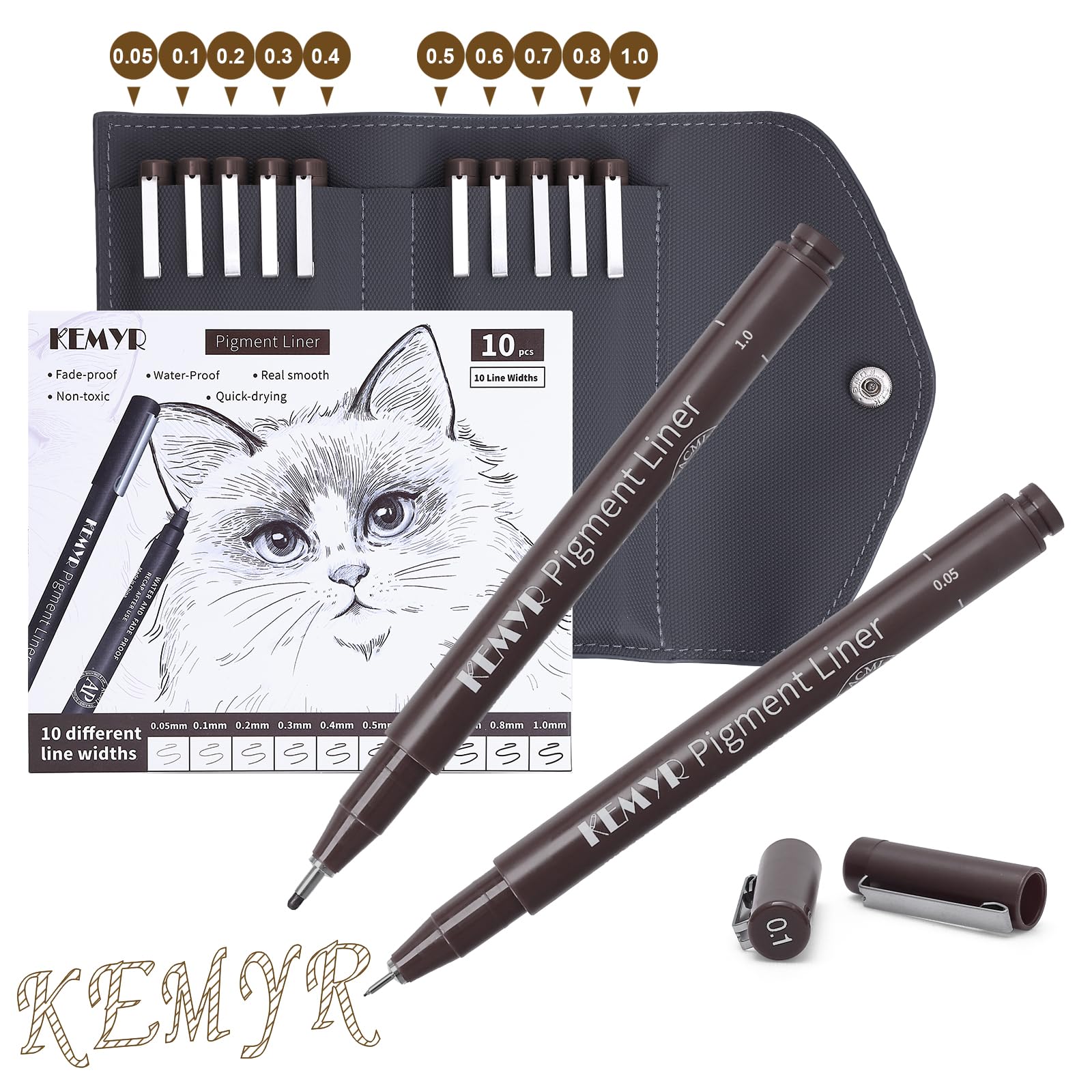 KEMYR Fineliner Set,Pigmentliner mit wasserfester Pigmenttinte,dokumentenecht,für Manga,Comic,Illustration,technisches Zeichnen und Kalligraphie,mit Aufbewahrungstasche