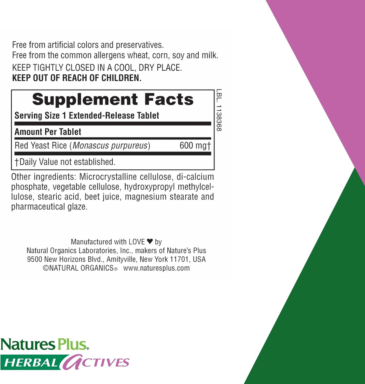 NaturesPlus Herbal Actives Red Yeast Rice, Extended Release - 600mg, 60 Vegan Tablets - Herbal Supplement - Cholesterol Support - Vegetarian, Gluten-Free - 60 Servings