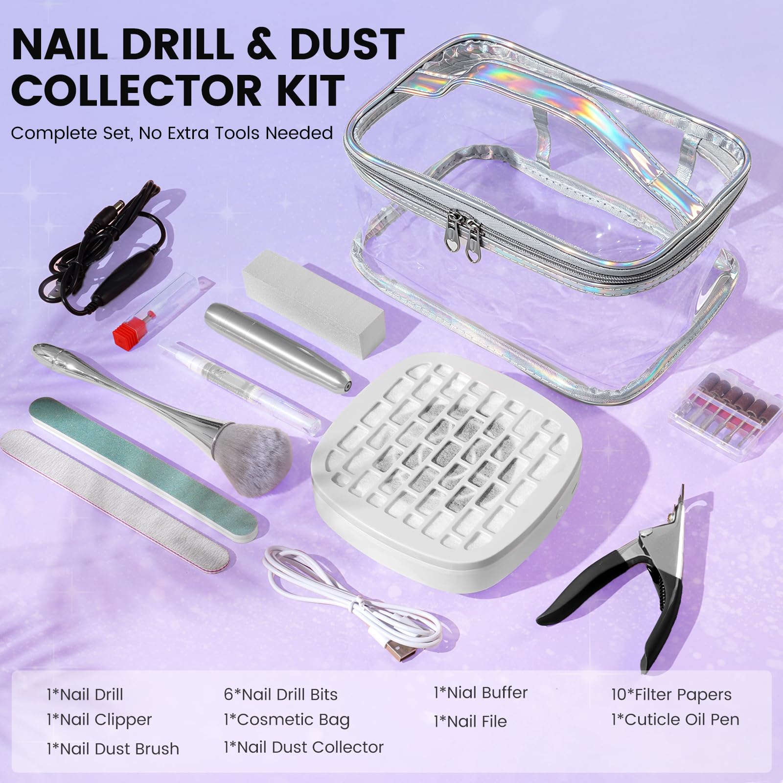 Taladro de uñas con kit de colector de polvo: lima de uñas eléctrica profesional de 20000 RPM para eliminación de gel acrílico, manicura y pedicura, juego completo de herramientas de uñas en bolsa de