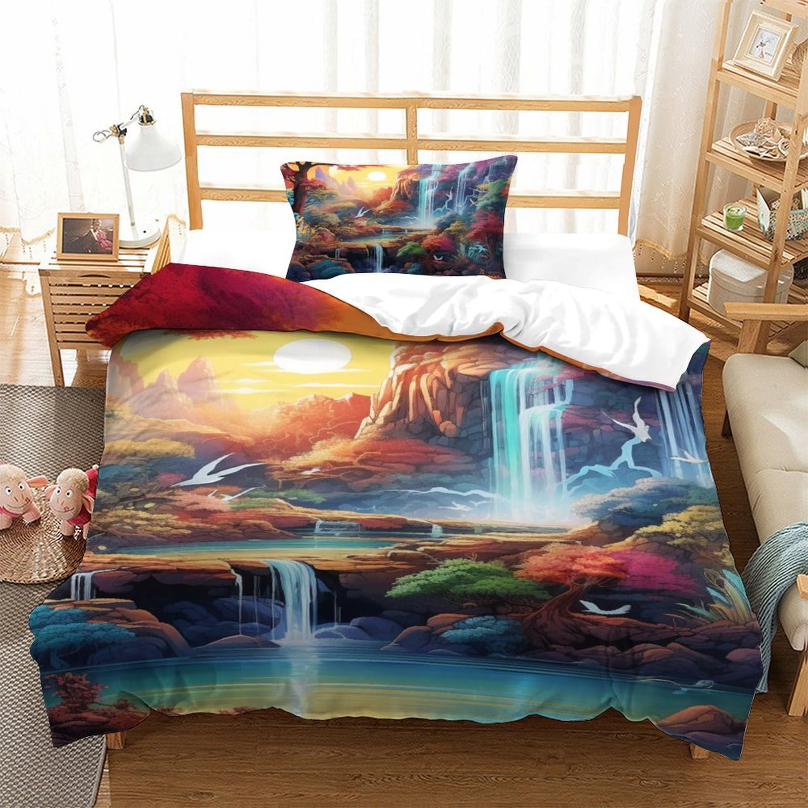 Housse de couette cascade anti-plis parure de lit 3D microfibre respirante facile à laver lit simple