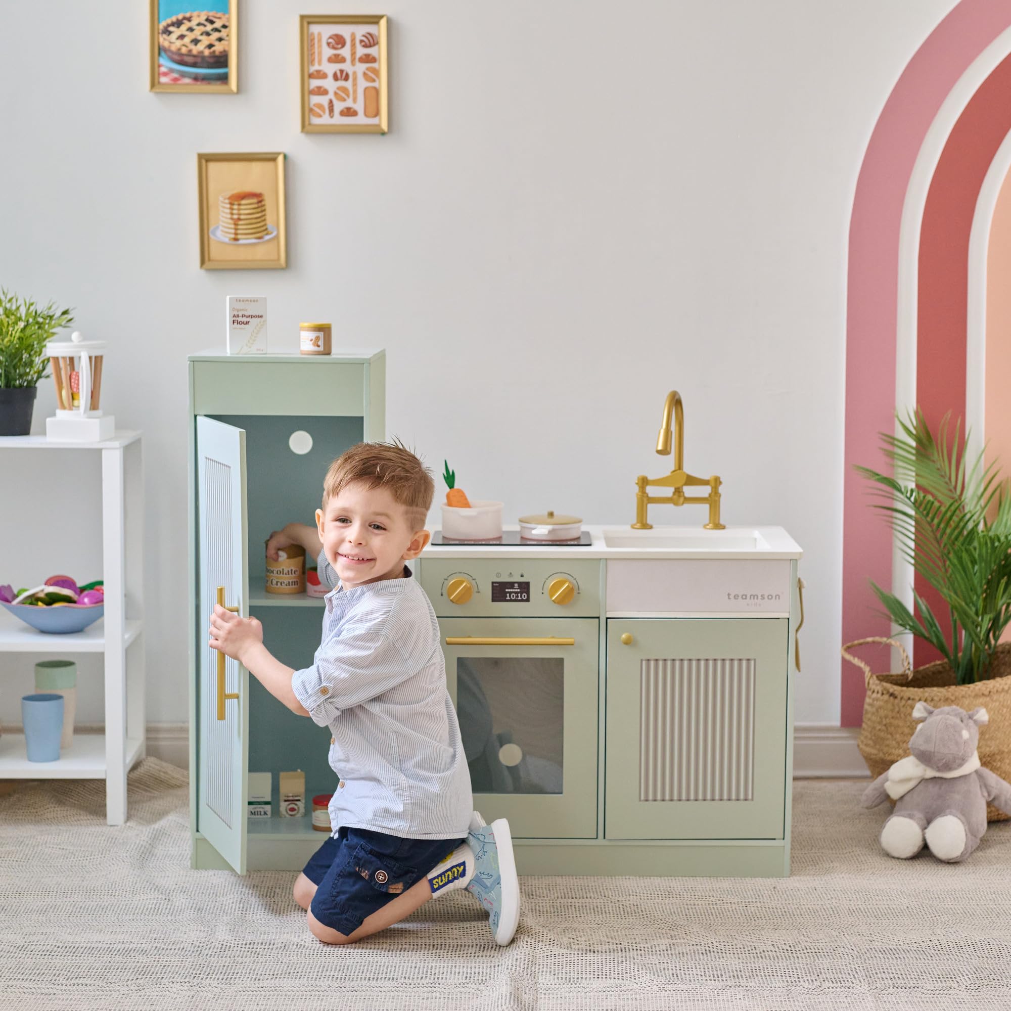 Teamson Kids Little Chef Chester Kinderküche in Grün mit Zubehör, Spielküche für Kinder aus Holz mit Herd, Backofen und Stauraum | mit Zubehör, Spielküche aus Holz, mit Herd, Backofen, Stauraum