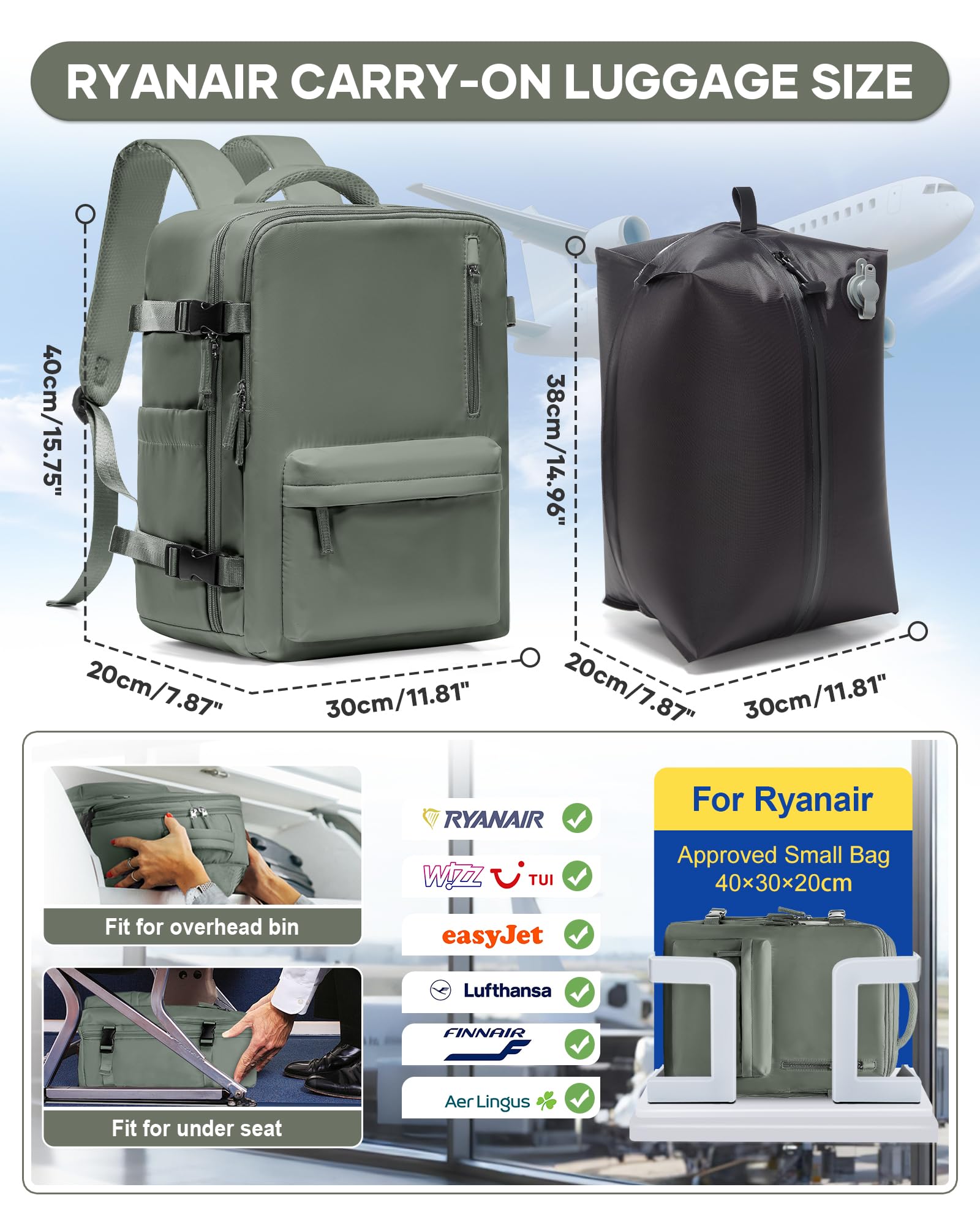 BJLFS Zaino Ryanair 40x30x20 Sottovuoto con Pompa Zaino da Viaggio Ryanair 40x20x25 Borse da Cabina per Wizzair Bagaglio a mano Easyjet Sottovuoto Zaino Casual per Laptop 14 Pollici