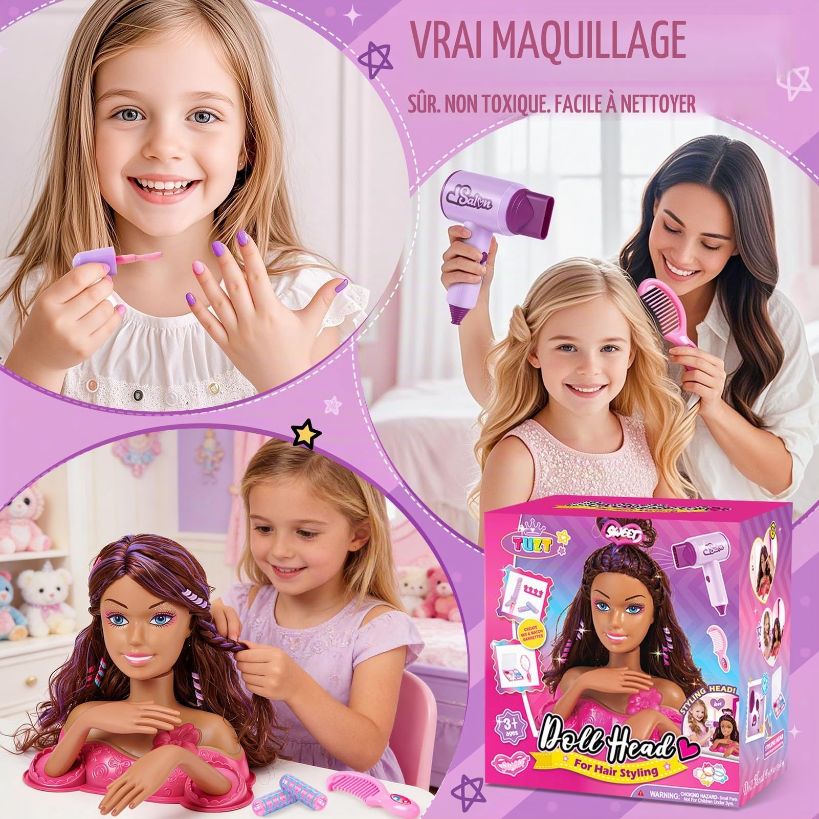 Tete a Coiffer Enfant avec Ensemble Accessoires Coiffure, Poupée de Maquiller avec Sèche-Cheveux Maquillage Autocollants pour Ongles, Salon de Coiffure Jouet Cadeaux pour Fille 3 4 5 6 Ans