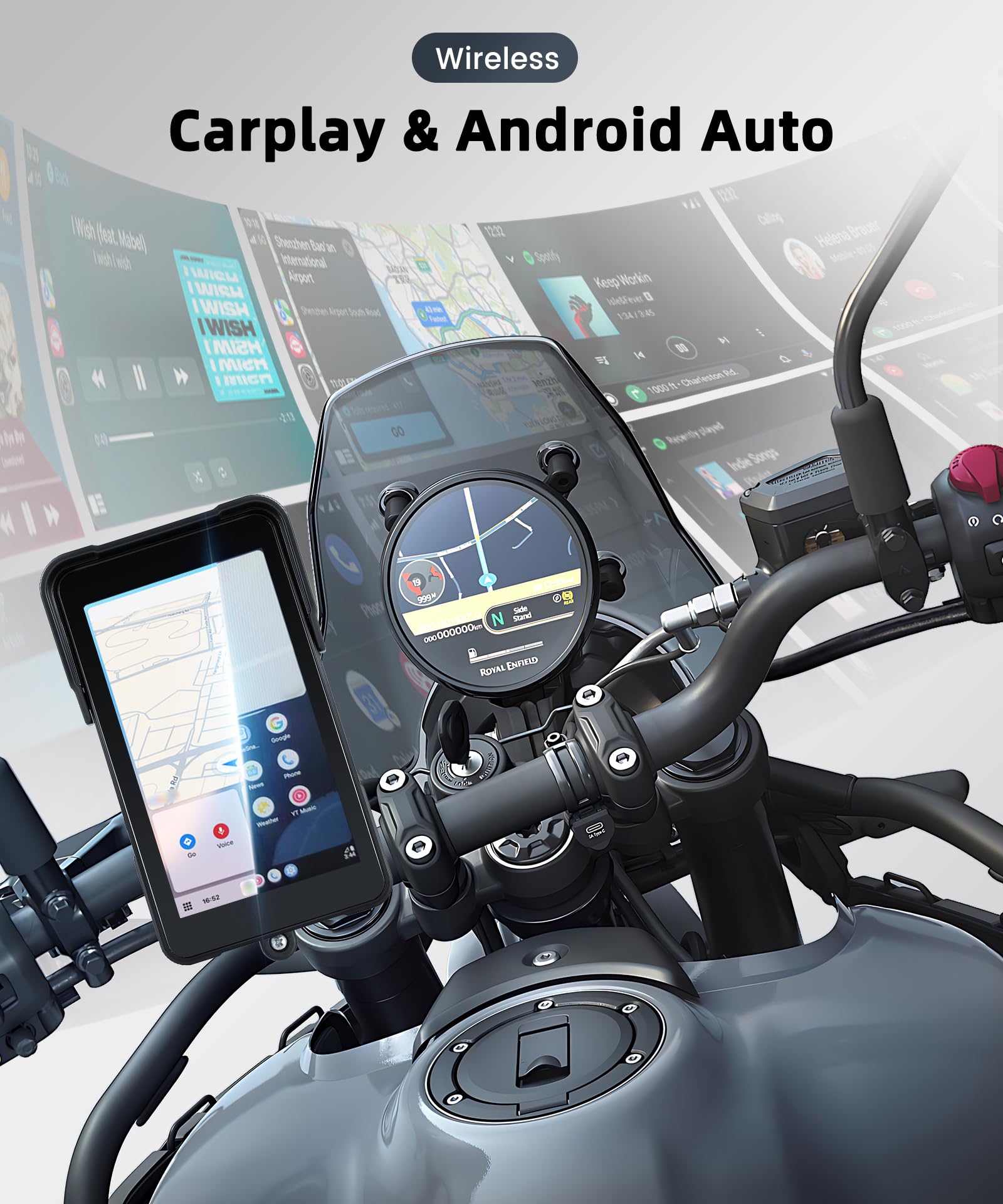 VECHTEL Wireless CarPlay da 5 pollici verticale Schermo per moto CarPlay Android Auto,touchscreen impermeabile Bluetooth,Nav/Assistente Siri/12V,il monitoraggio della pressione dei pneumatici