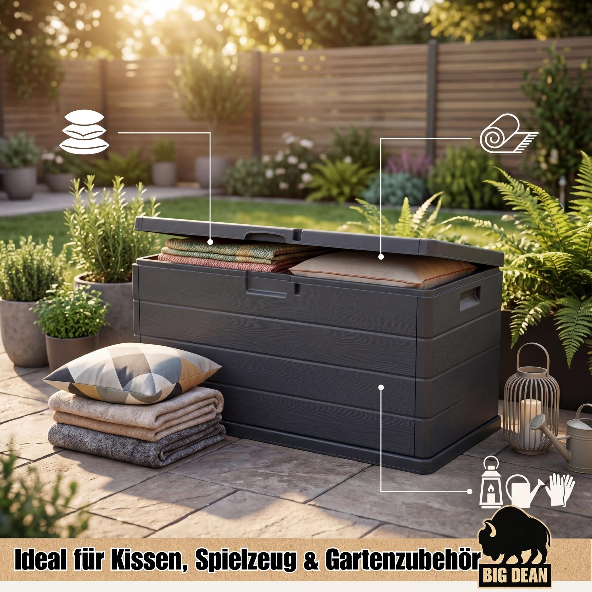 BigDean Auflagenbox Kissenbox Klicksystem 340 Liter Deckel abschließbar | Stabiler und überlappender Deckel hält Feuchtigkeit fern