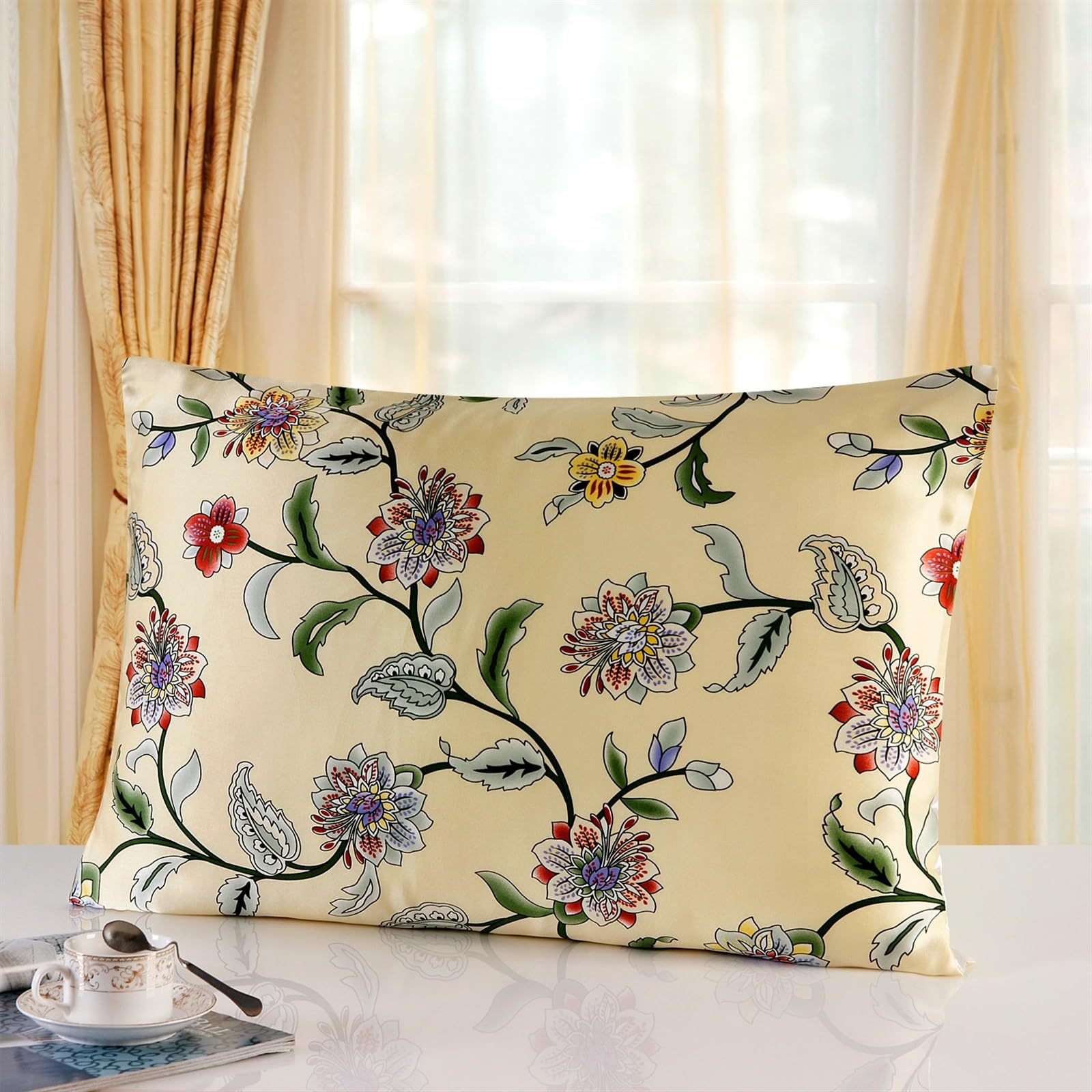 SeidenKissenbezug Chinoiserie-Kissenbezug Aus Seide, Vorderseite Und Rückseite Polyester(Color-6,Standard(20x26 inch))