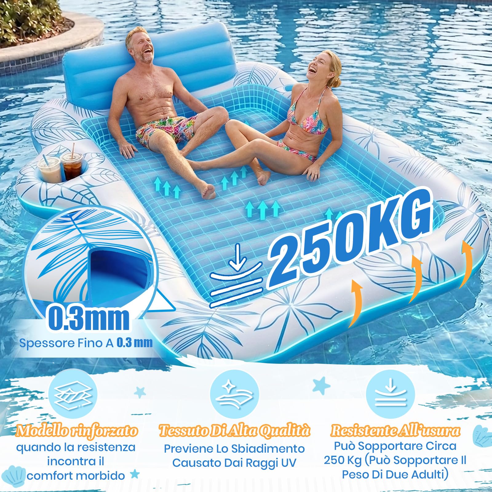 Charmofun Materassino Gonfiabile Abbronzante, 230 * 180 cm Materassino Gonfiabile Piscina con Custodia Impermeabile e Bar del Ghiaccio, Lettino Abbronzante Zattera Piscina per Spiaggia Festa