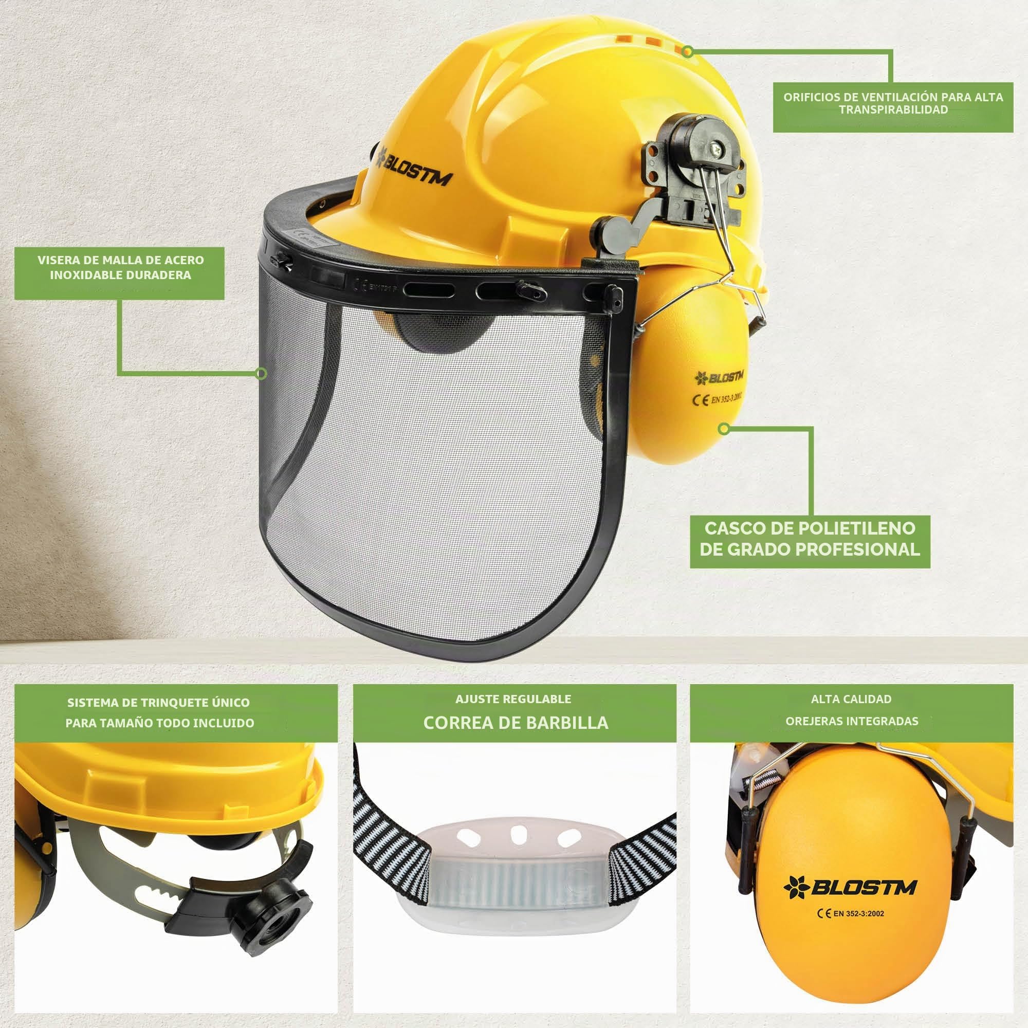 BLOSTM Casco de Seguridad para Motosierra - Casco Desbrozadora 3 en 1 con Visera de Malla de Acero y Orejeras de Protección Auditiva, Casco Obra y Forestal, Antiruido, Resistente a Impactos
