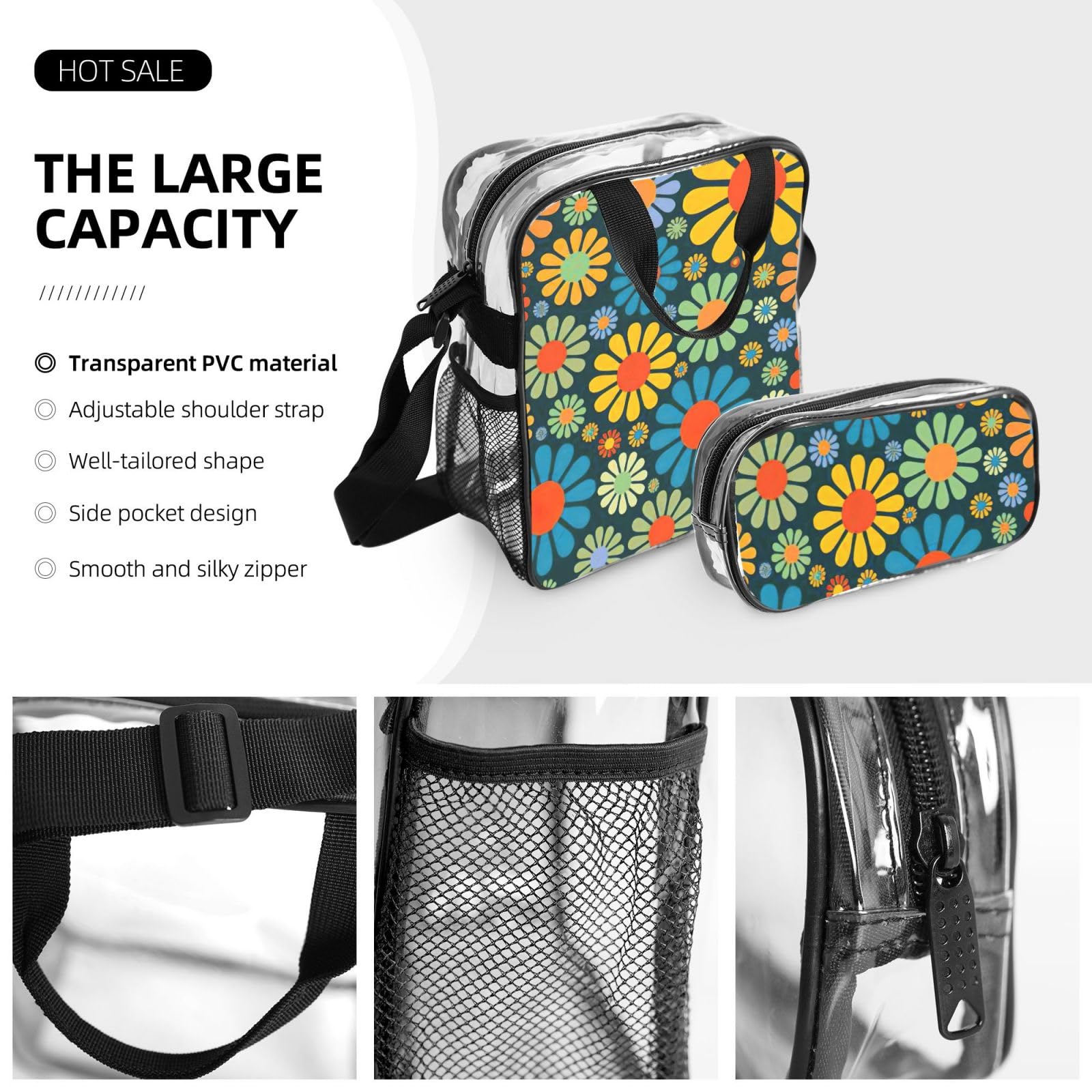 Hippie Pattern Stampa Trasparente Leggero 3 Pezzi Lunch Bag Combo Trasparente Zaino Set Scuola Viaggio
