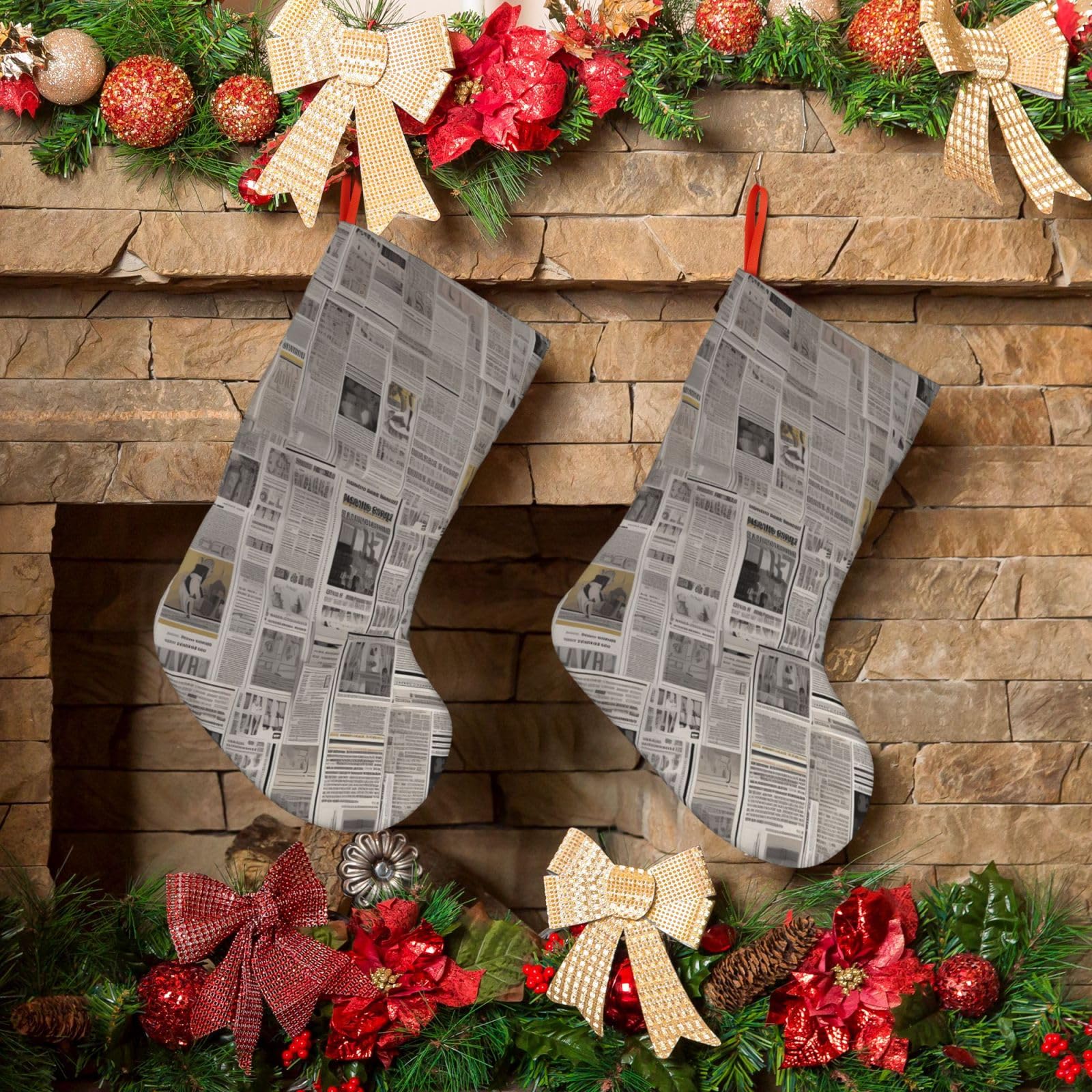 KLOPH Christmas Stockings 18" Personalized Xmas Stocking Newspaper Decoration Stocking Hanging Fireplace Stocking for Holiday Xmas Tree Christmas Fireplace Decor