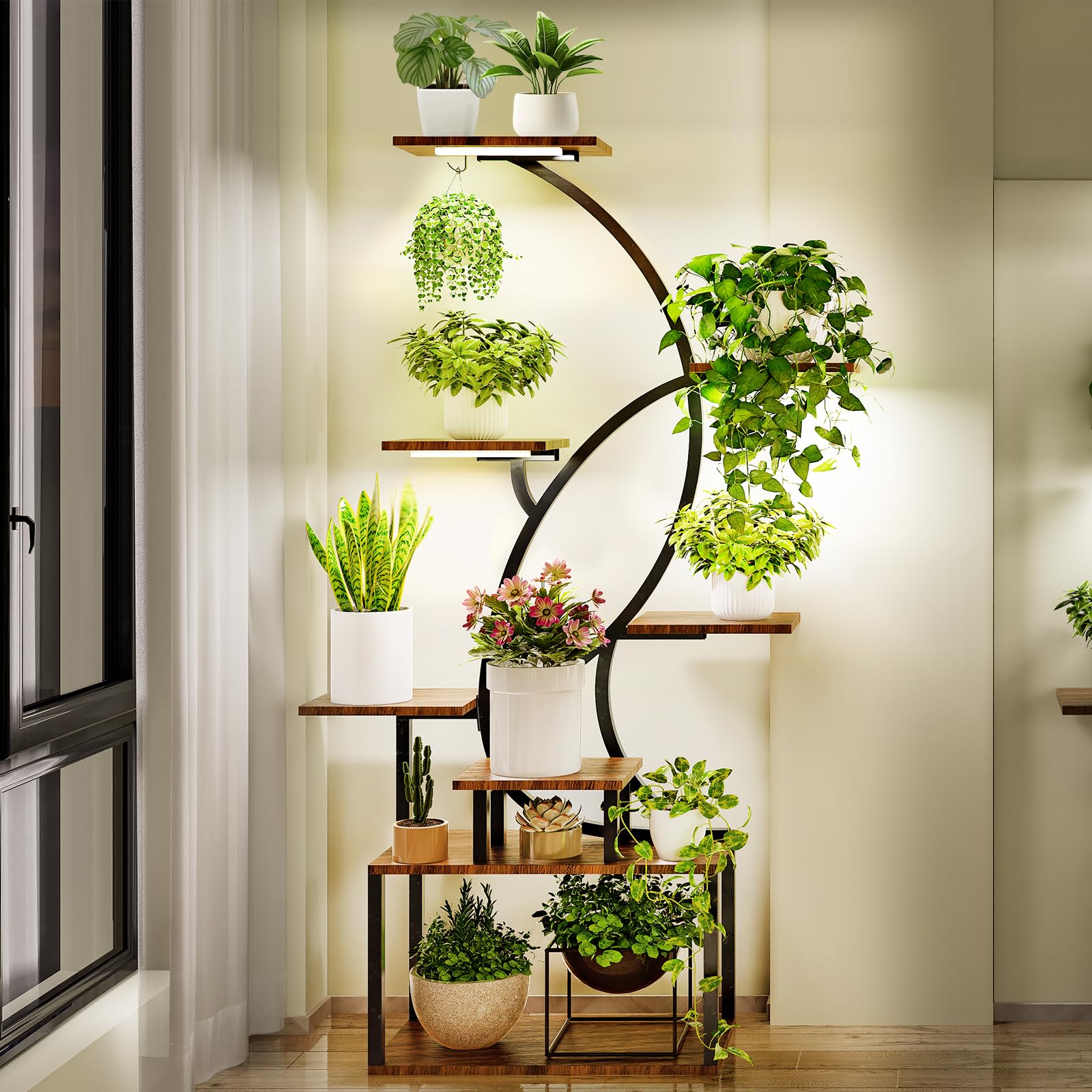 Plant Stand Indoor with Grow Lights, 8-Tiered Metal Tall Plant Shelf for Indoor Plants Multiples, Large Plant Stand Display Shelves Flower Stand for Living Room Patio Balcony