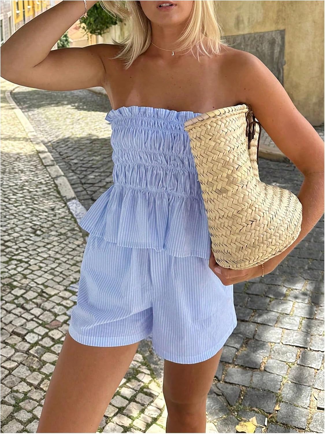 SOLY HUX Women's 2 Piece Summer Vacation Outfits Striped Peplum Ruffle Hem Tube Tops and Shorts Set - Image 4