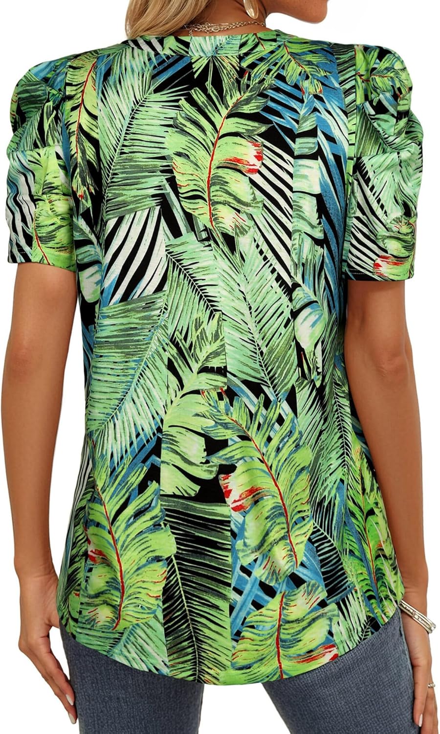 Ezcosplay Women Puff Sleeve Tops Floral Hawaiian Shirt Notched V Neck T-Shirt Casual Tropical Outfits - Image 4