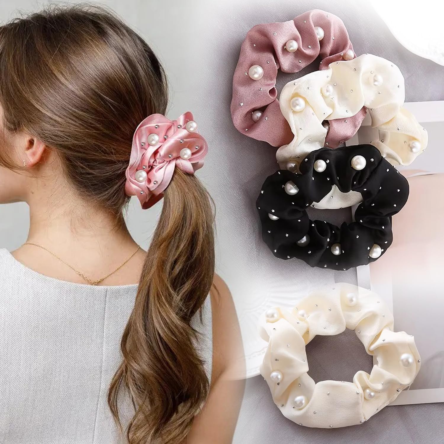 PARS Pearl Scrunchies Set of 3 | Elegant Hair Scrunchies for Girls & Women | Premium Hair Ties for Ponytails, Buns, and Styling