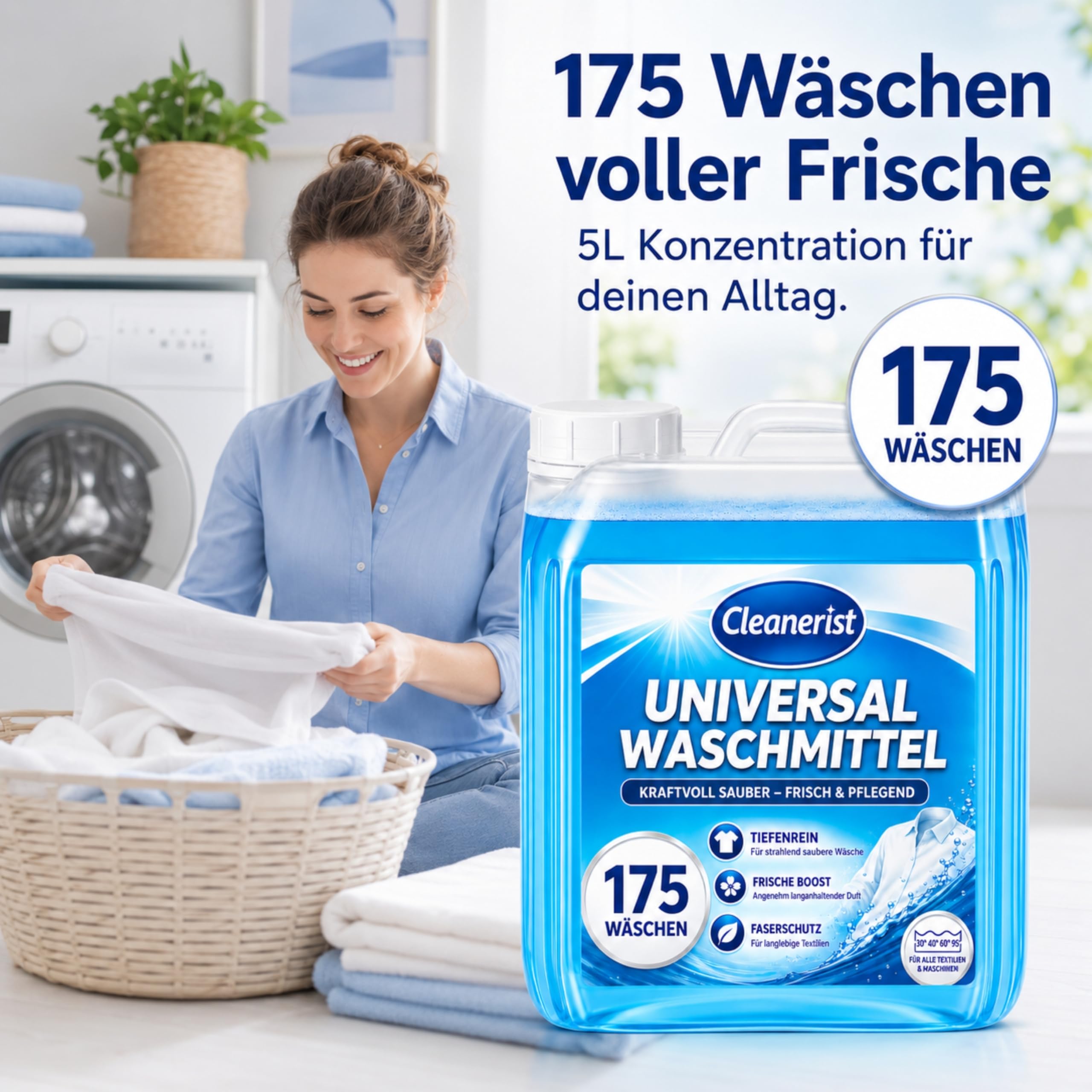 Cleanerist | Universal Flüssigwaschmittel Vollwaschmittel – 2x 5L Großpackung – für Weiß- Bunt- Schwarz- und Kochwäsche – bis zu 400 Waschladungen – inkl. Ausgießer – Made in Germany