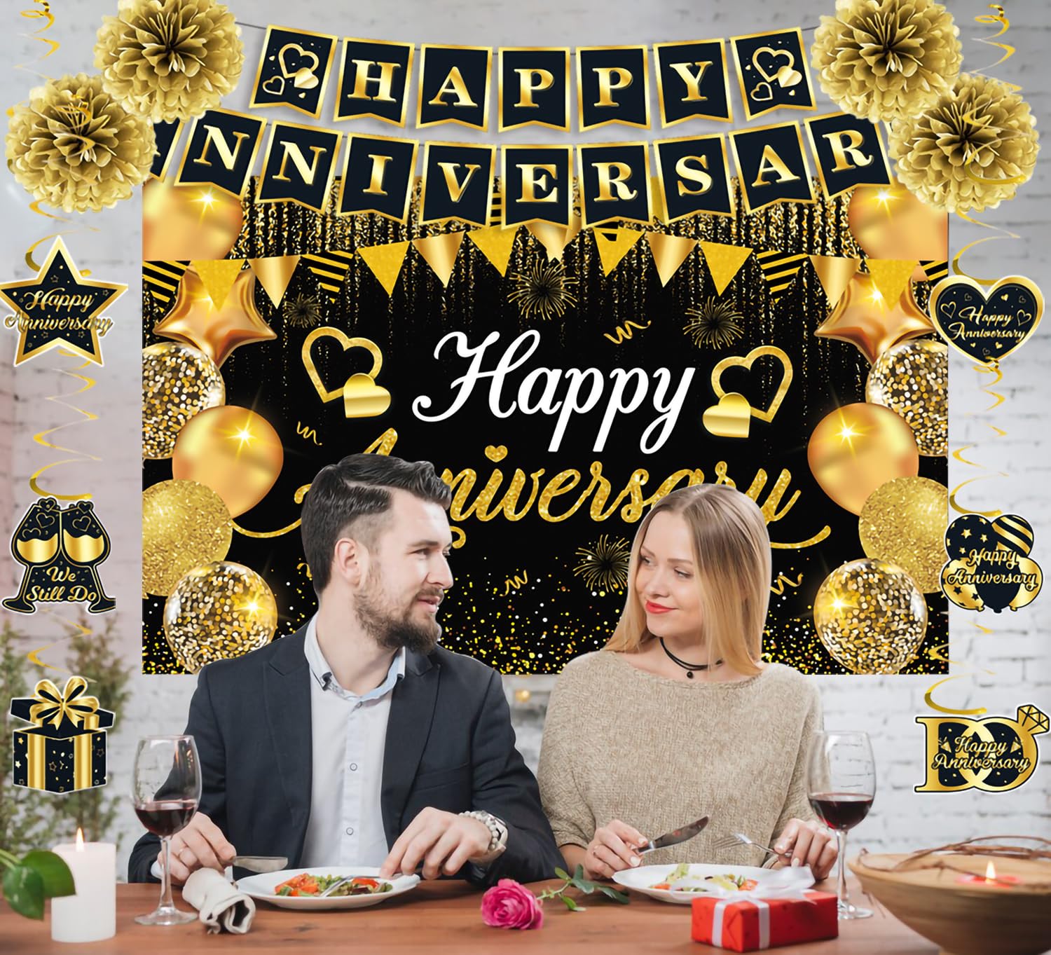 Happy Anniversary Decorations, Black and Gold Happy Anniversary Banner Wedding Party Decorations with 18Pcs Balloons, Backdrop, Hanging Swirls, Pompoms