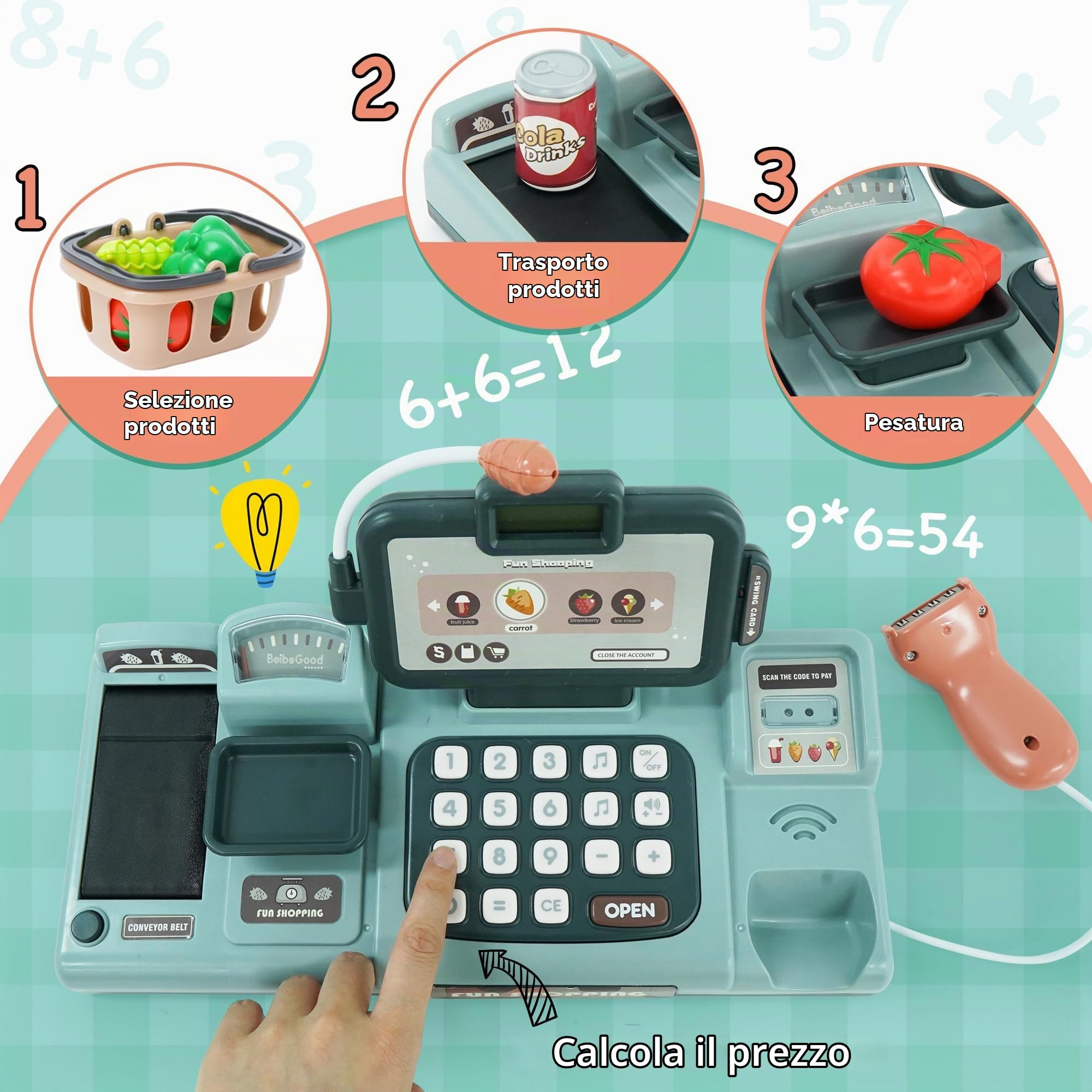 Registratore di Cassa Giocattolo con Scanner, Microfono, Suono, Nastro e Lettore di Carta Set di Accessori, Supermercato Giocattolo per Bambini 3 4 5 Anni Ragazza Ragazzo, Verde